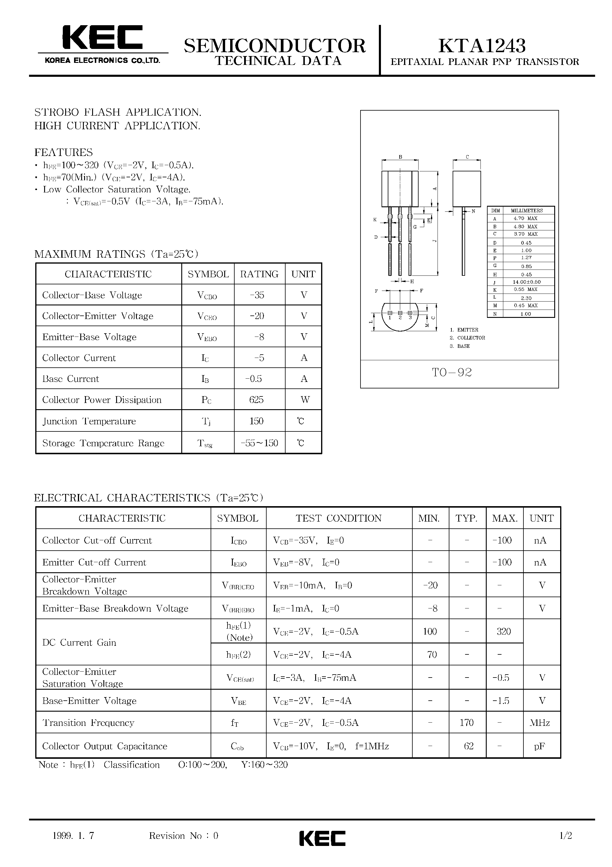 Datasheet KTA1243 - EPITAXIAL PLANAR PNP TRANSISTOR (CAMERA STROBO FLASH/ HIGH CURRENT) page 1