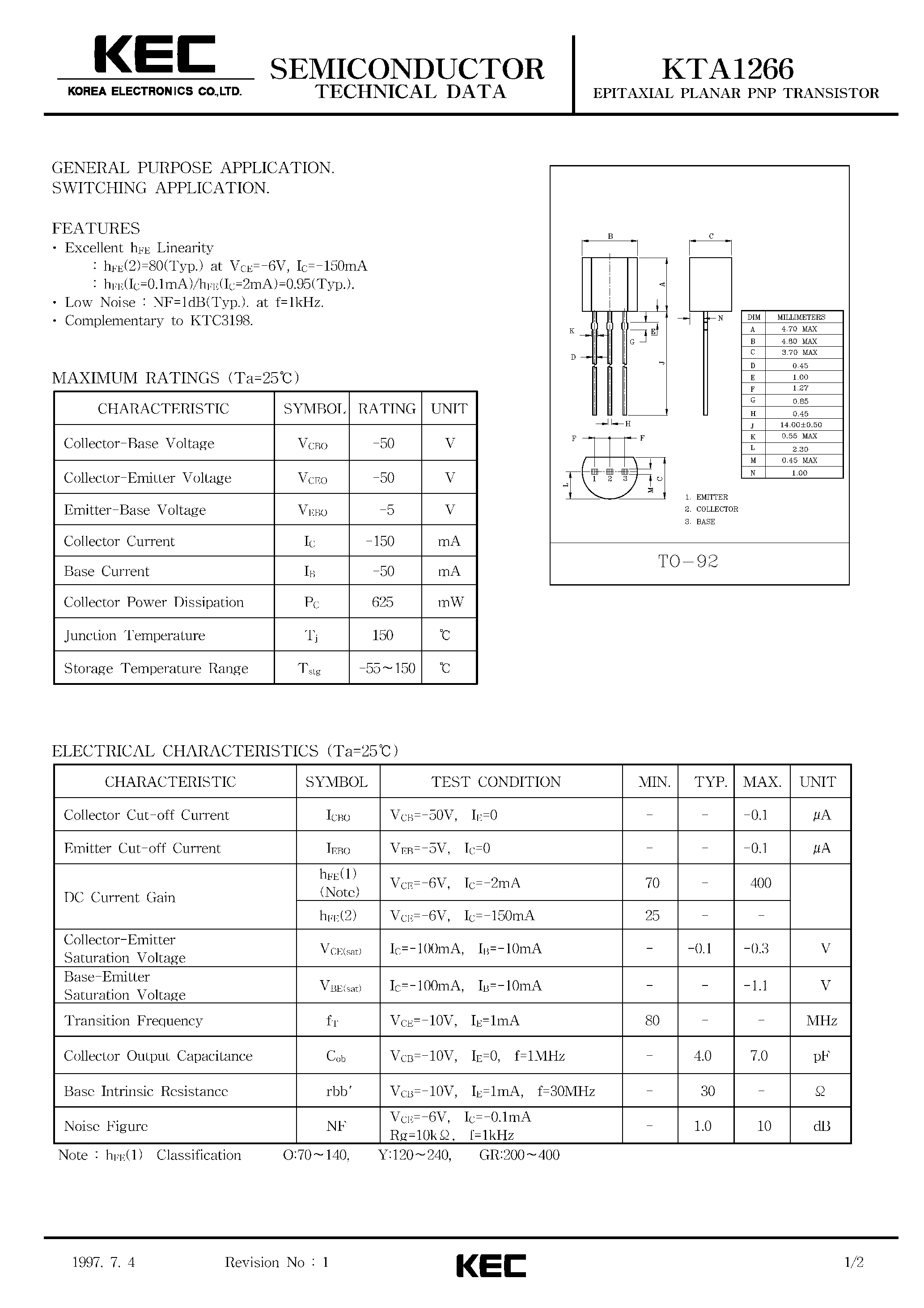 Datasheet KTA1266 - EPITAXIAL PLANAR PNP TRANSISTOR (GENERAL PURPOSE/ SWITCHING) page 1
