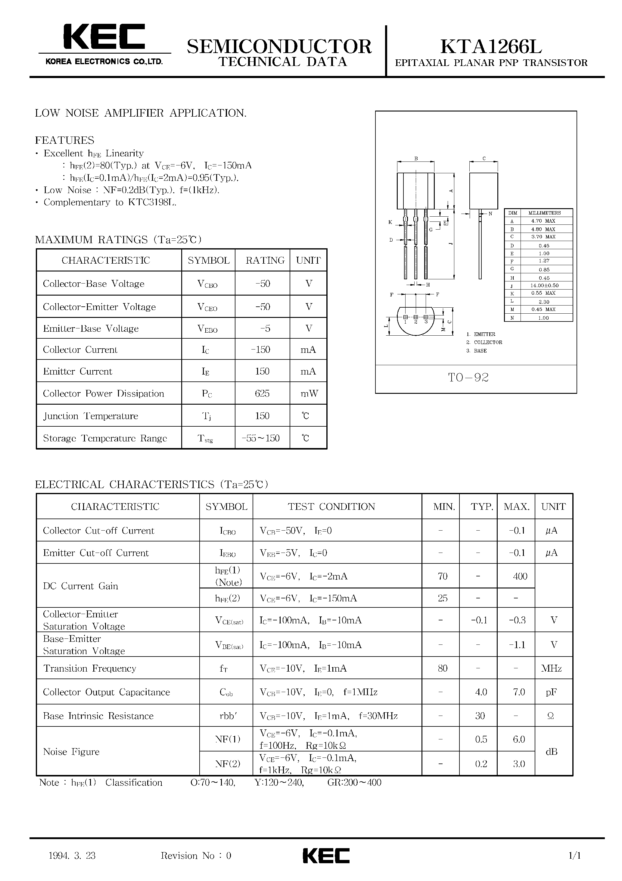 Даташит KTA1266L - EPITAXIAL PLANAR PNP TRANSISTOR (LOW NOISE AMPLIFIER) страница 1