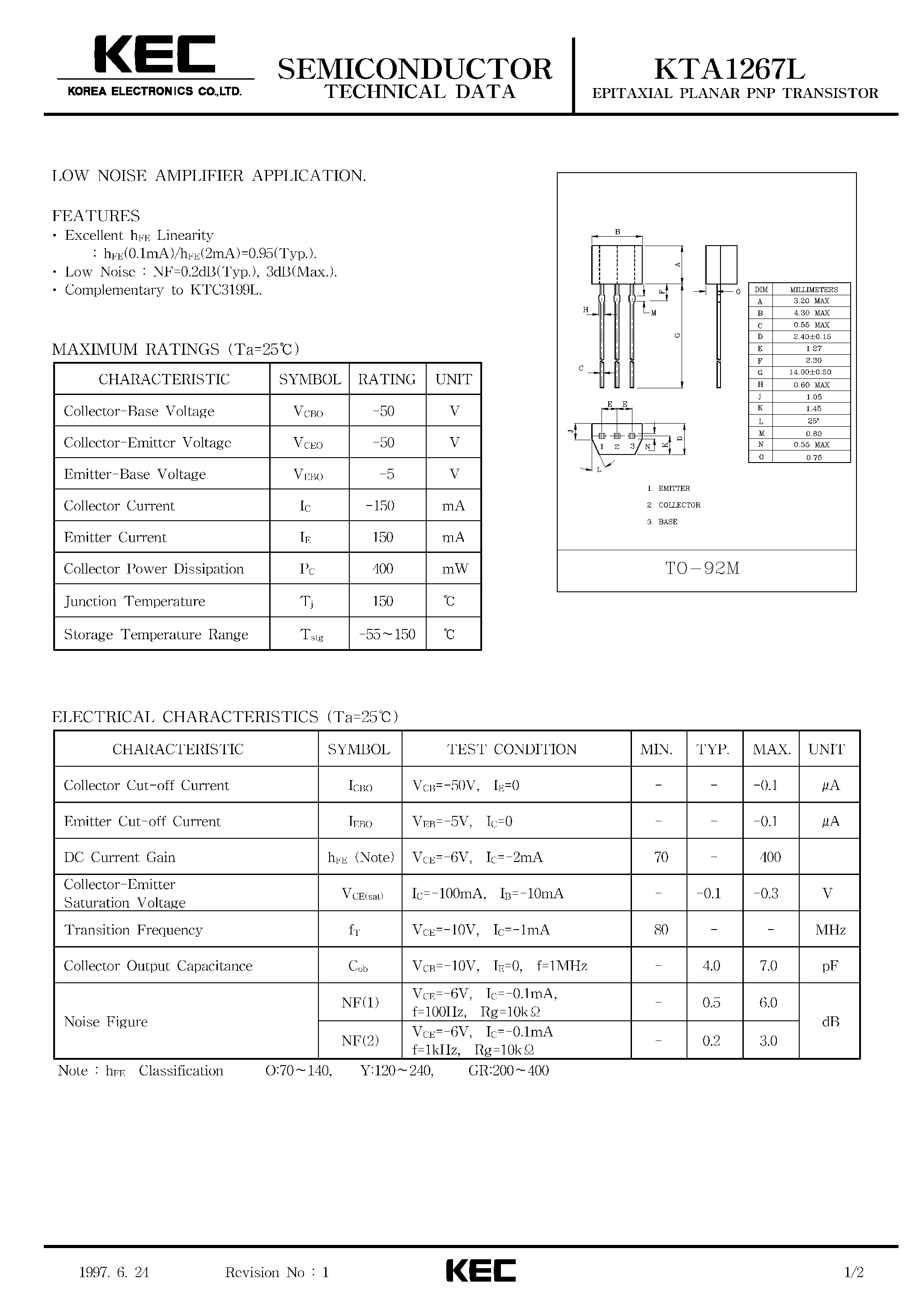 Даташит на микросхему KTA1267L страница 1 Даташит KTA1267L - EPITAXIAL PLANAR PNP TRANSISTOR (LOW NOISE AMPLIFIER) страница 1