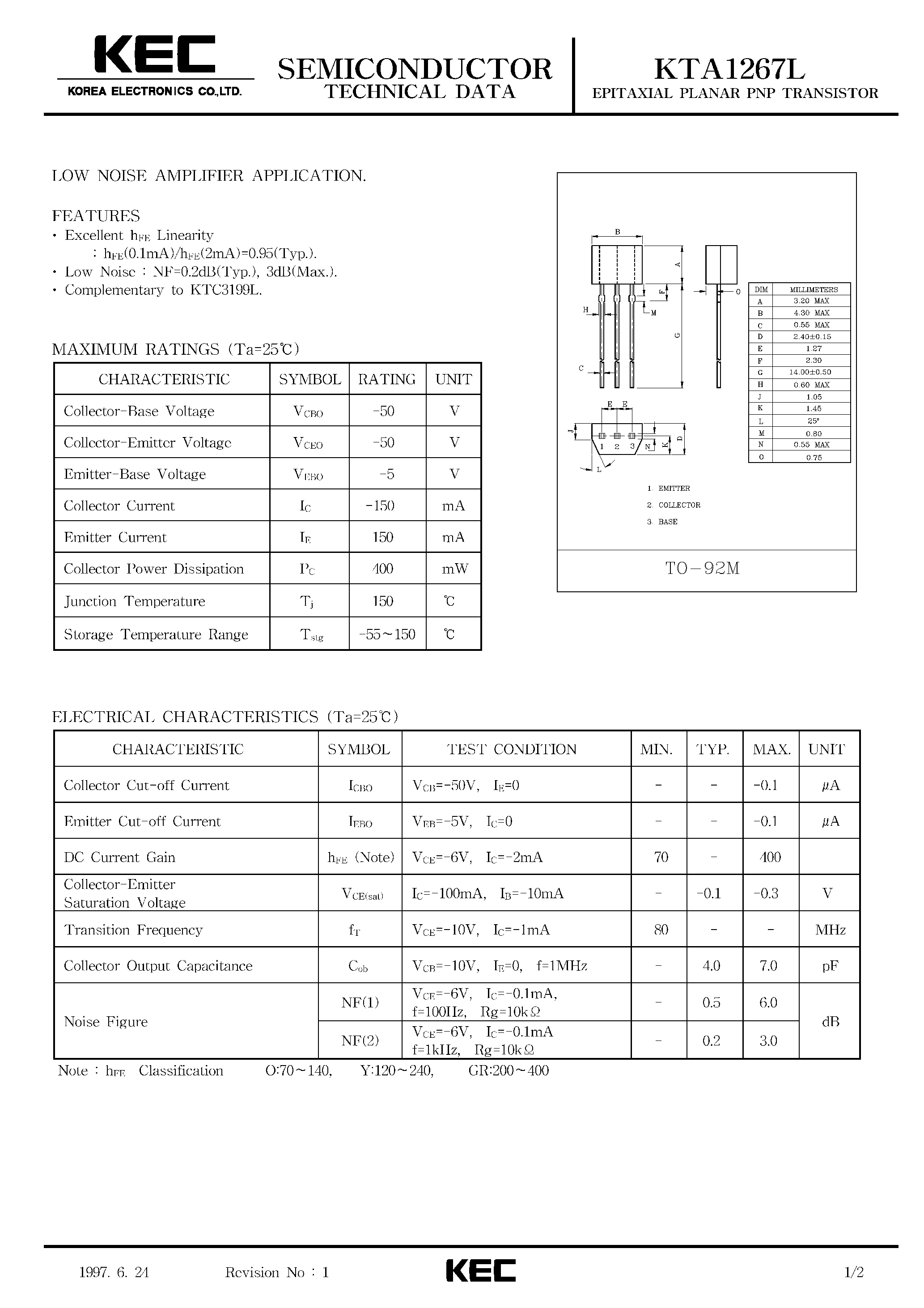 Даташит KTA1267L - EPITAXIAL PLANAR PNP TRANSISTOR (LOW NOISE AMPLIFIER) страница 1