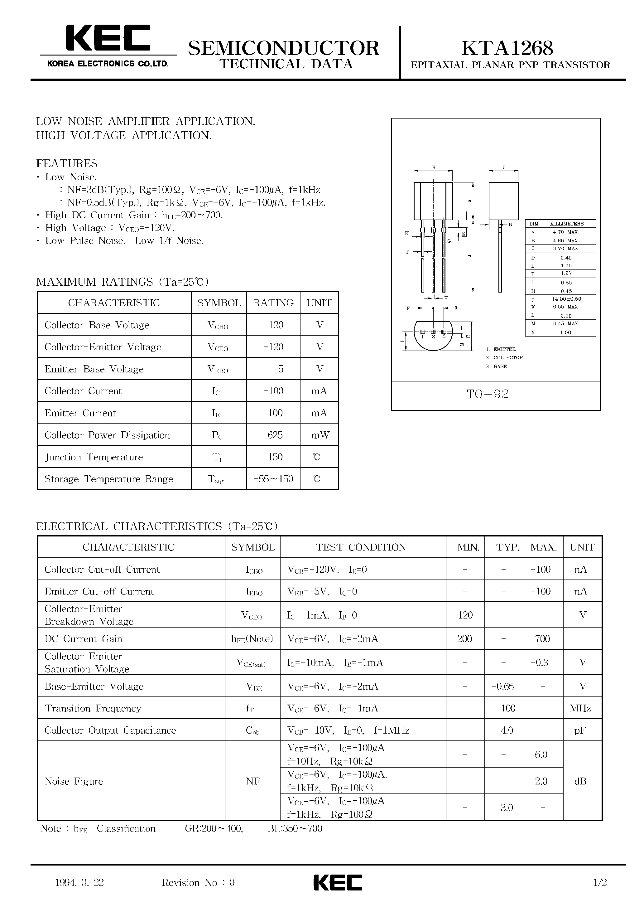 Даташит KTA1268 - EPITAXIAL PLANAR PNP TRANSISTOR (LOW NOISE AMPLIFIER/ HIGH VOLTAGE) страница 1