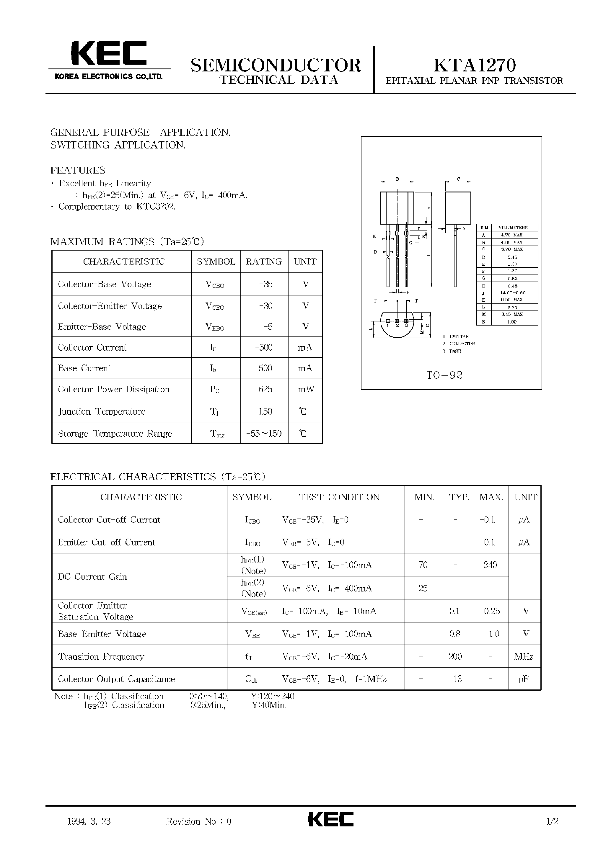 Datasheet KTA1270 - EPITAXIAL PLANAR PNP TRANSISTOR (GENERAL PURPOSE/ SWITCHING) page 1