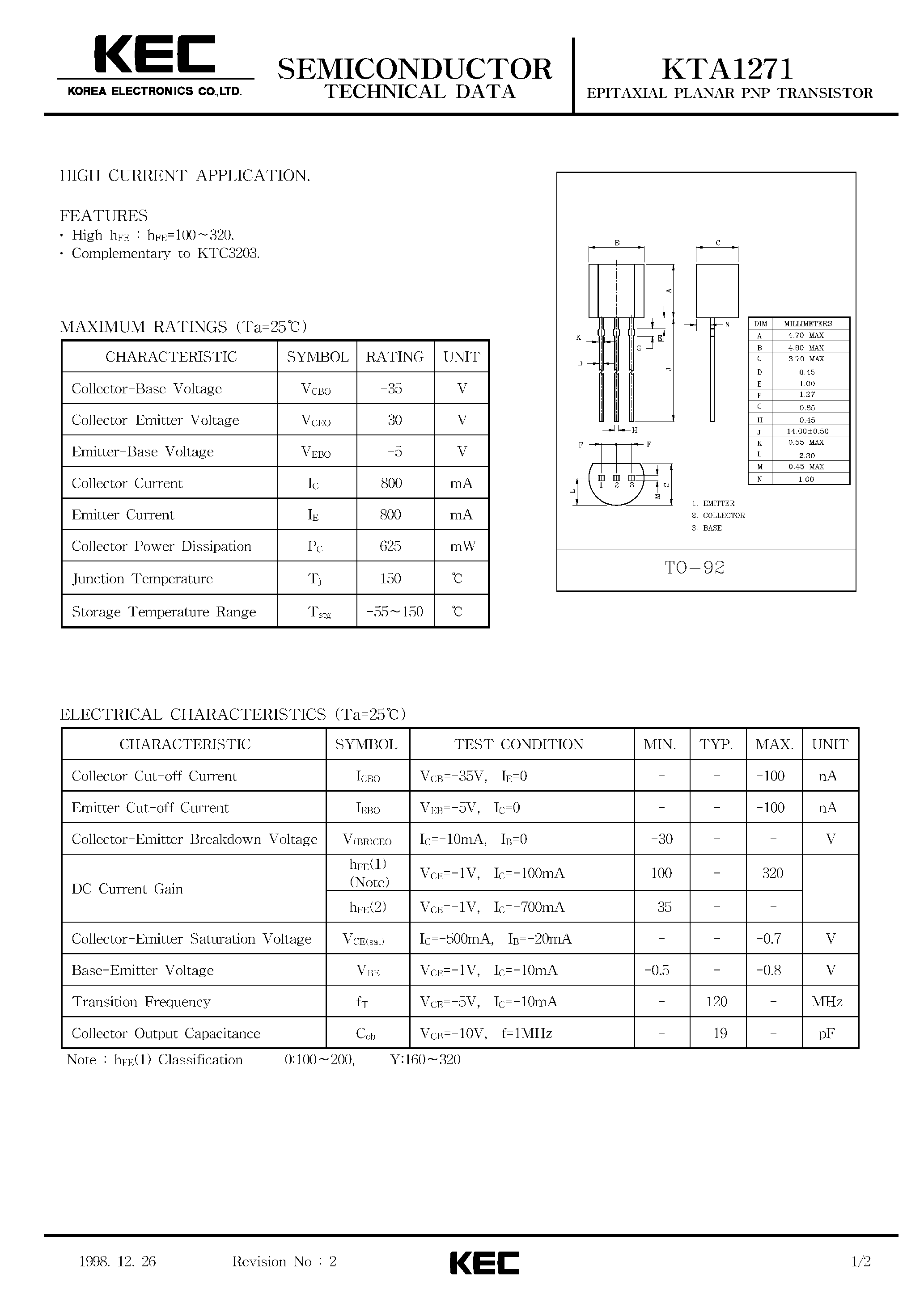 Даташит KTA1271 - EPITAXIAL PLANAR PNP TRANSISTOR (HIGH CURRENT) страница 1