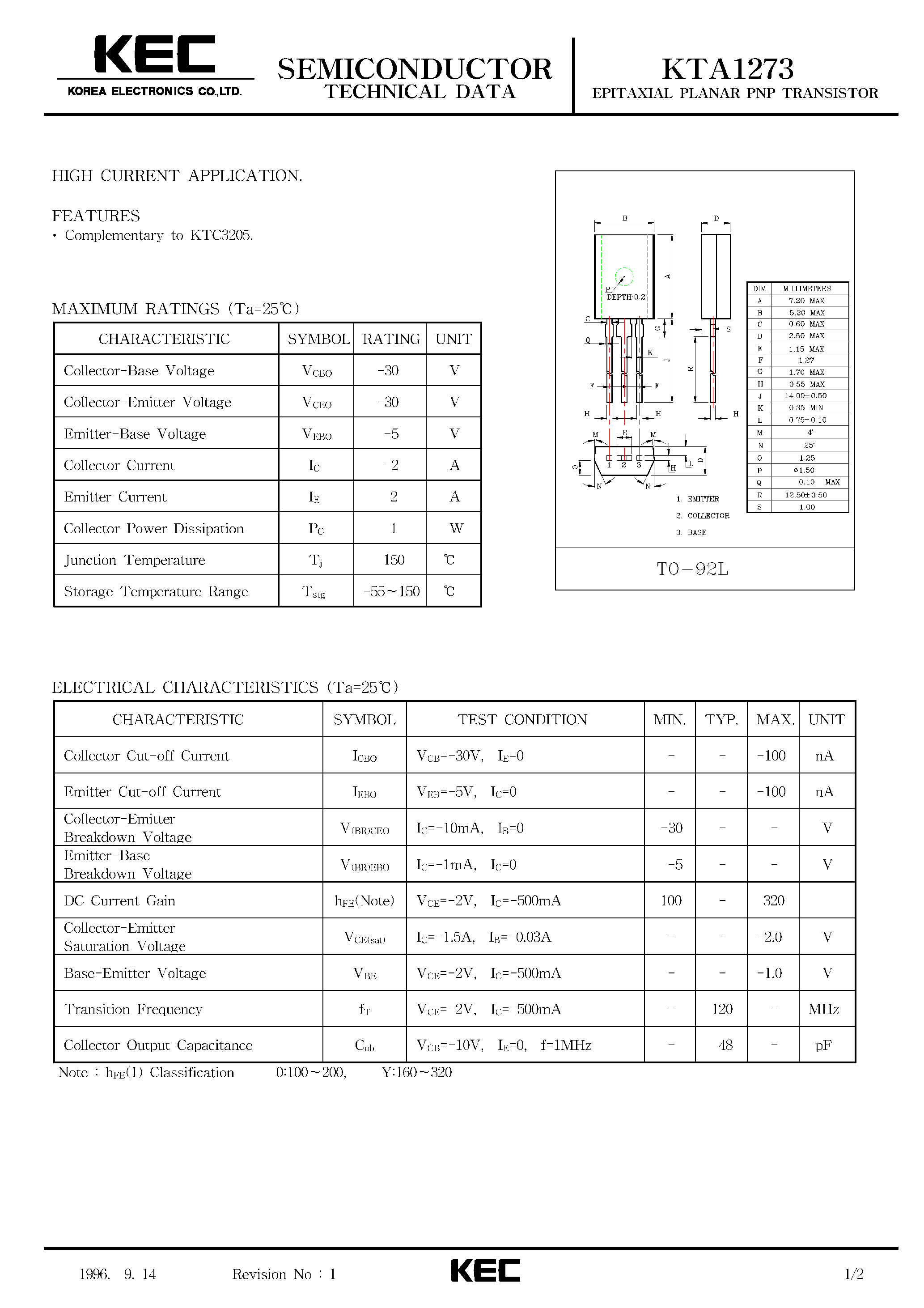 Даташит на микросхему KTA1273 страница 1 Даташит KTA1273 - EPITAXIAL PLANAR PNP TRANSISTOR (HIGH CURRENT) страница 1
