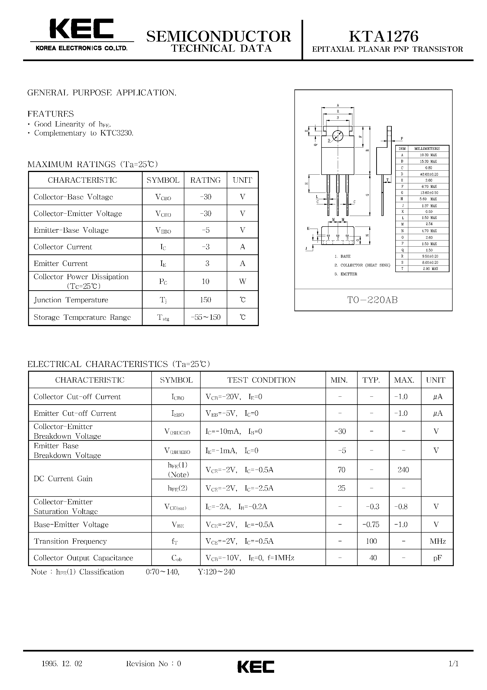 Даташит KTA1276 - EPITAXIAL PLANAR PNP TRANSISTOR (GENERAL PURPOSE) страница 1