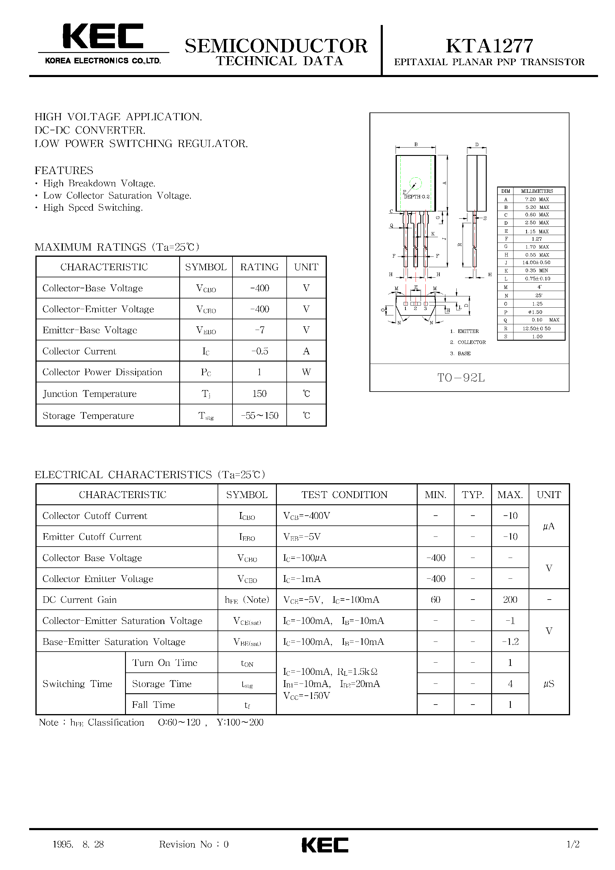 Datasheet KTA1277 - EPITAXIAL PLANAR PNP TRANSISTOR (HIGH VOLTAGE/ DC-DC CONVERTER/ LOW POWER SWITCHING REGULATOR) page 1
