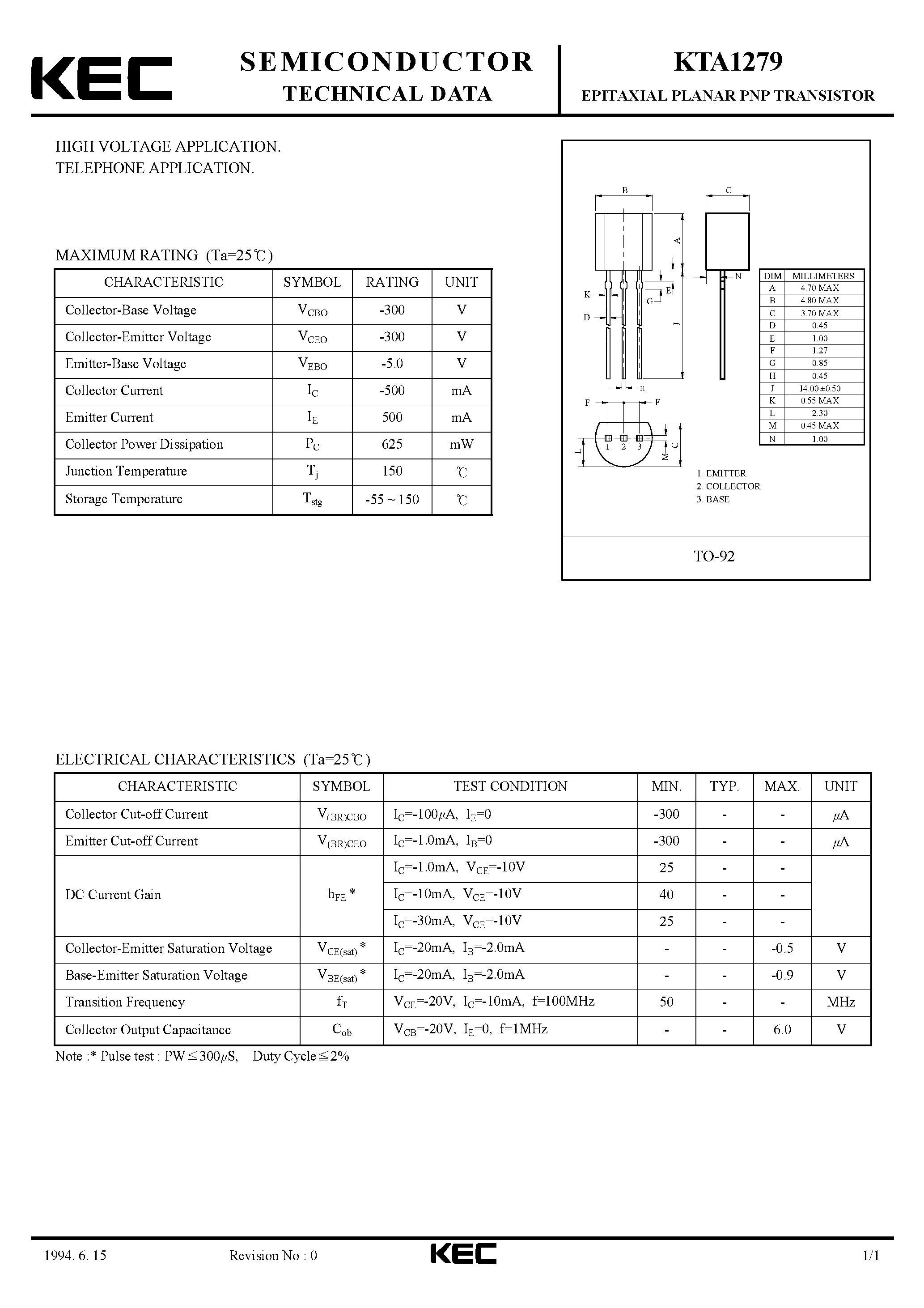 Даташит KTA1279 - EPITAXIAL PLANAR PNP TRANSISTOR (HIGH VOLTAGE/ TELEPHONE) страница 1