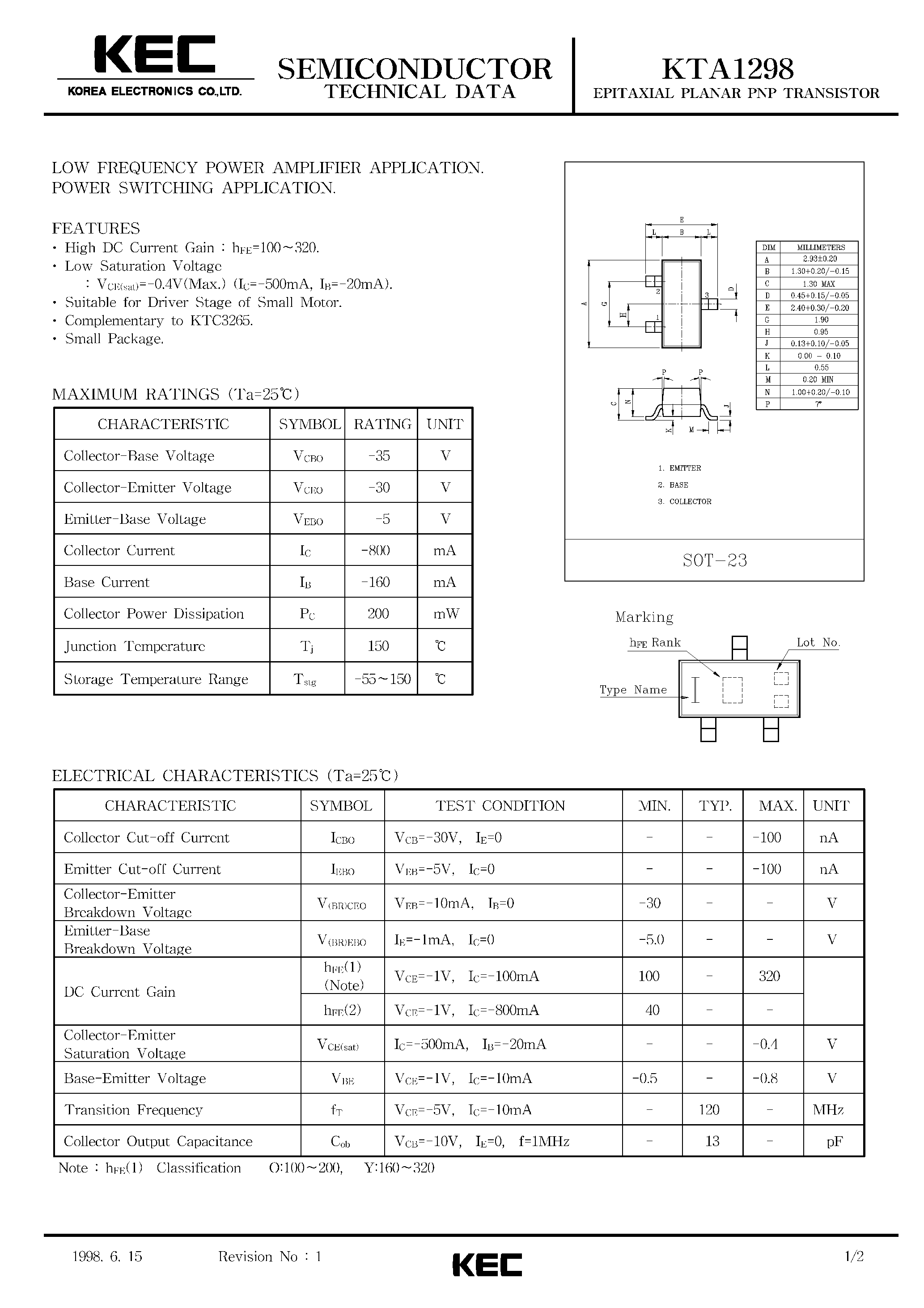 Даташит KTA1298 - EPITAXIAL PLANAR PNP TRANSISTOR (LOW FREQUENCY POWER AMPLIFIER/ POWER SWITCHING) страница 1