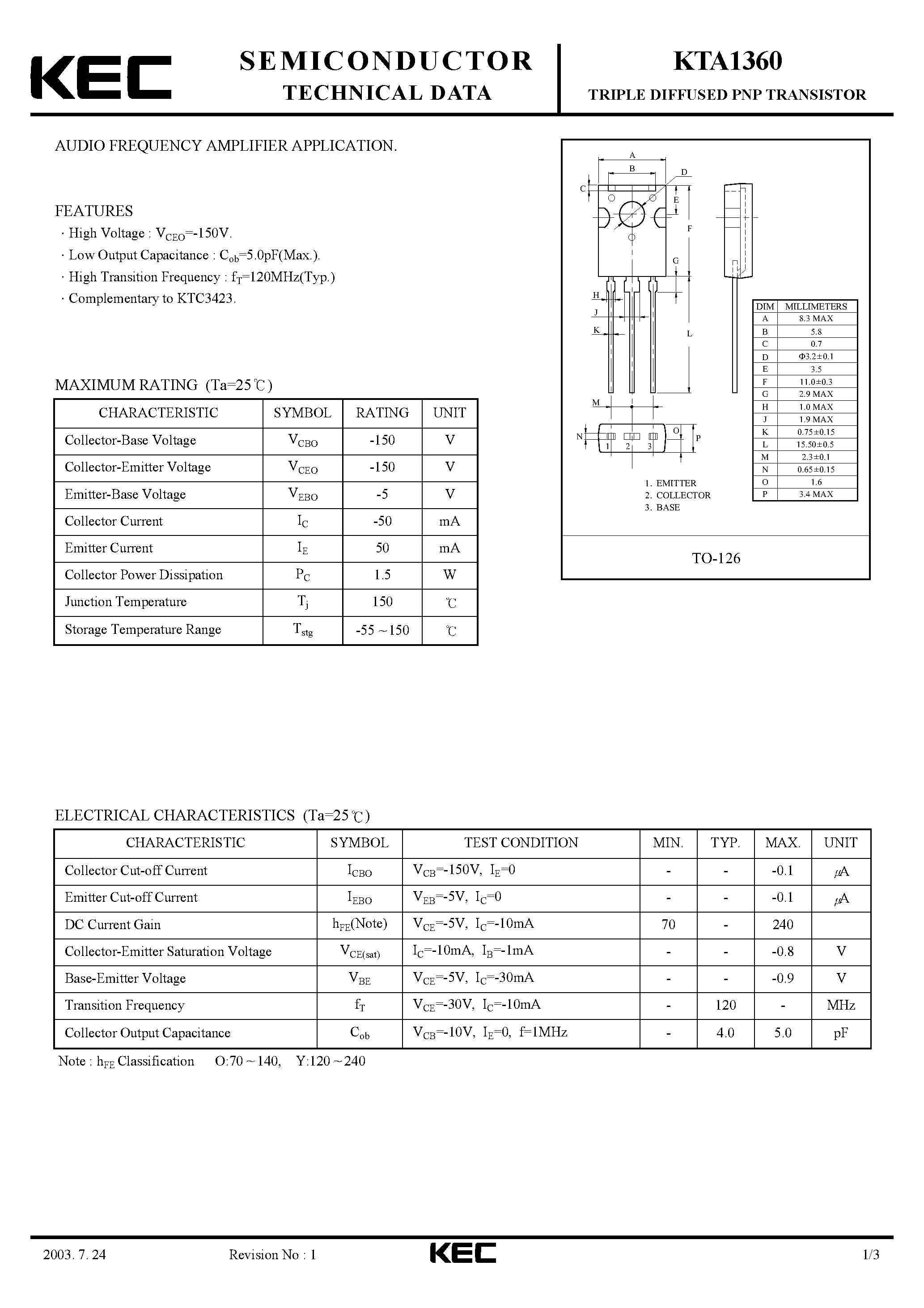 Даташит KTA1360 - TRIPLE DIFFUSED PNP TRANSISTOR(AUDIO FREQUENCY AMPLIFIER) страница 1