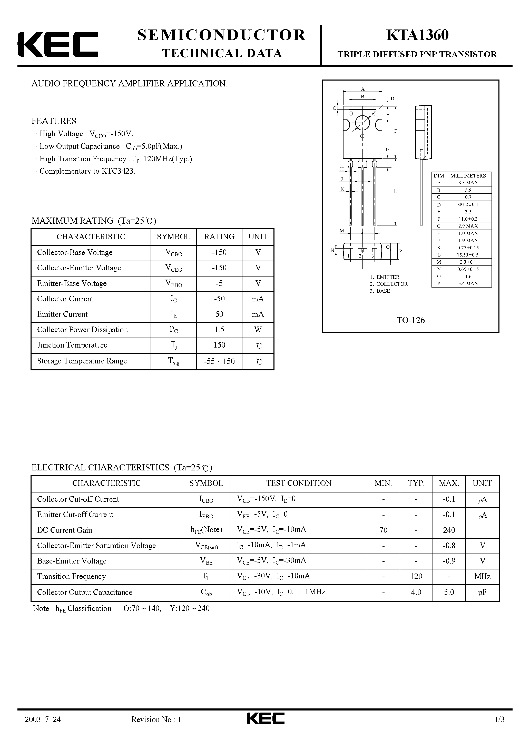 Datasheet KTA1360 - TRIPLE DIFFUSED PNP TRANSISTOR(AUDIO FREQUENCY AMPLIFIER) page 1