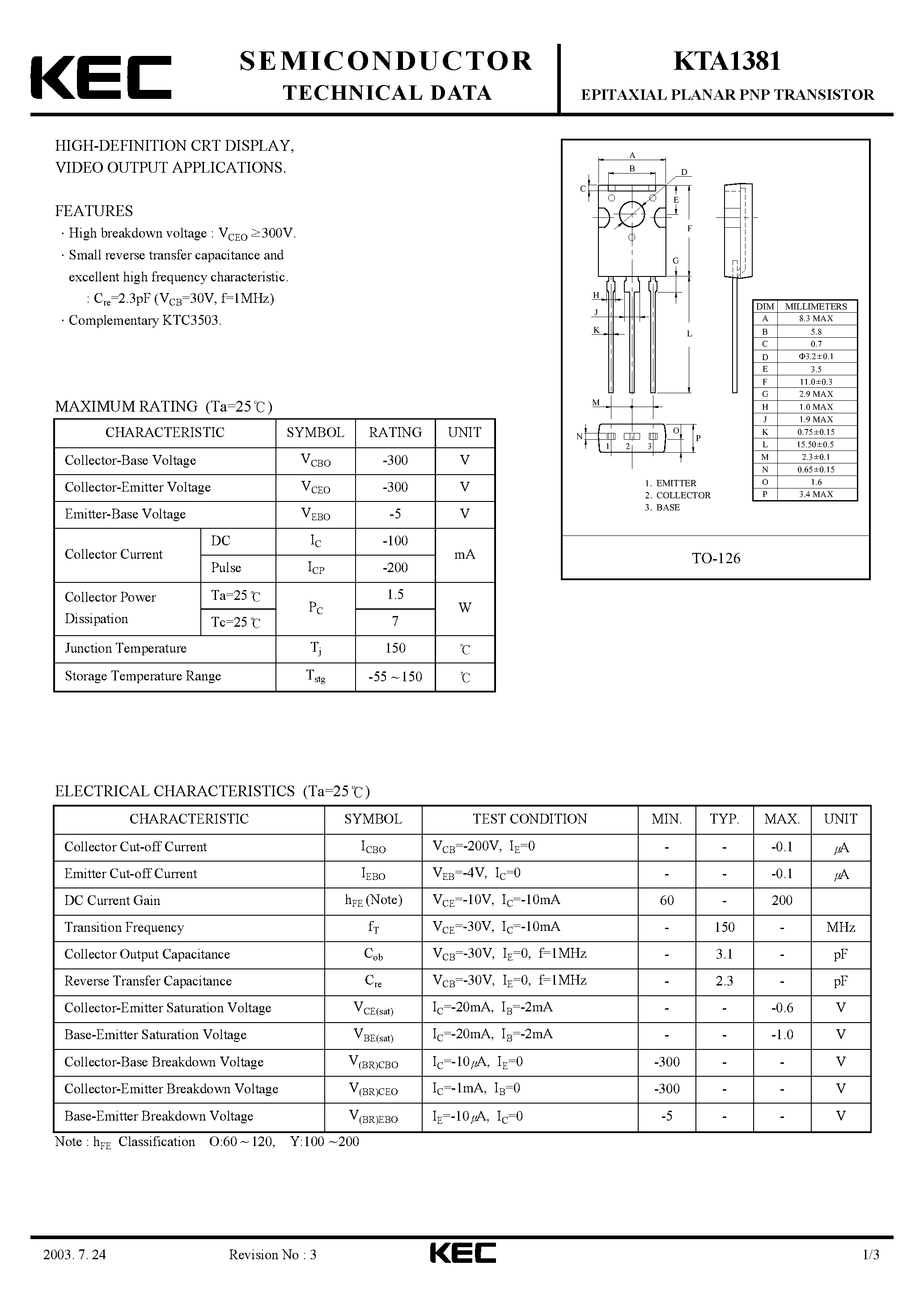 Datasheet KTA1381 page 1 Datasheet KTA1381 - EPITAXIAL PLANAR PNP TRANSISTOR (HIGH-DIFFINITION CRT DISPLAY VIDEO OUTPUT) page 1