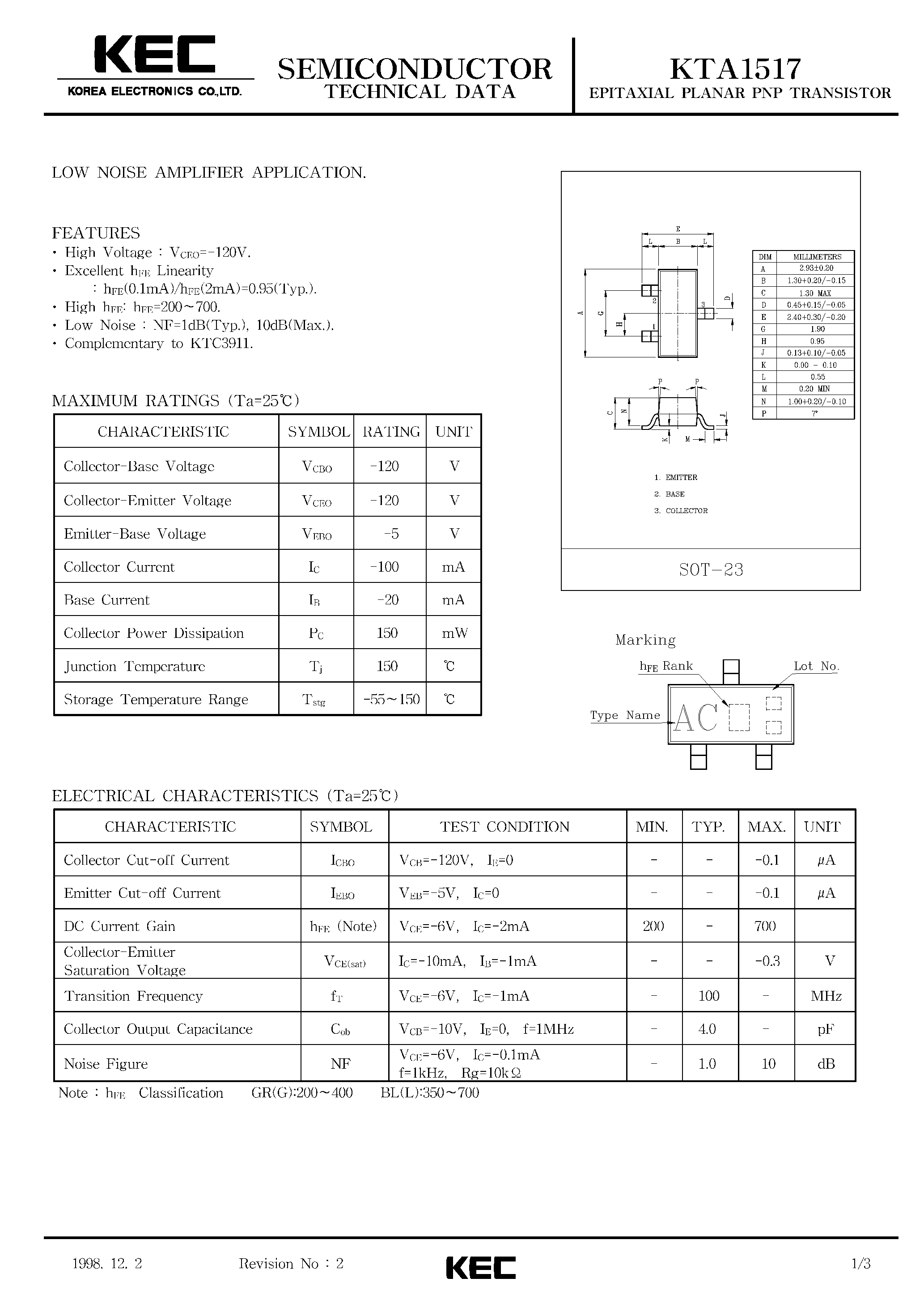 Даташит KTA1517 - EPITAXIAL PLANAR PNP TRANSISTOR (LOW NOISE AMPLIFIER) страница 1