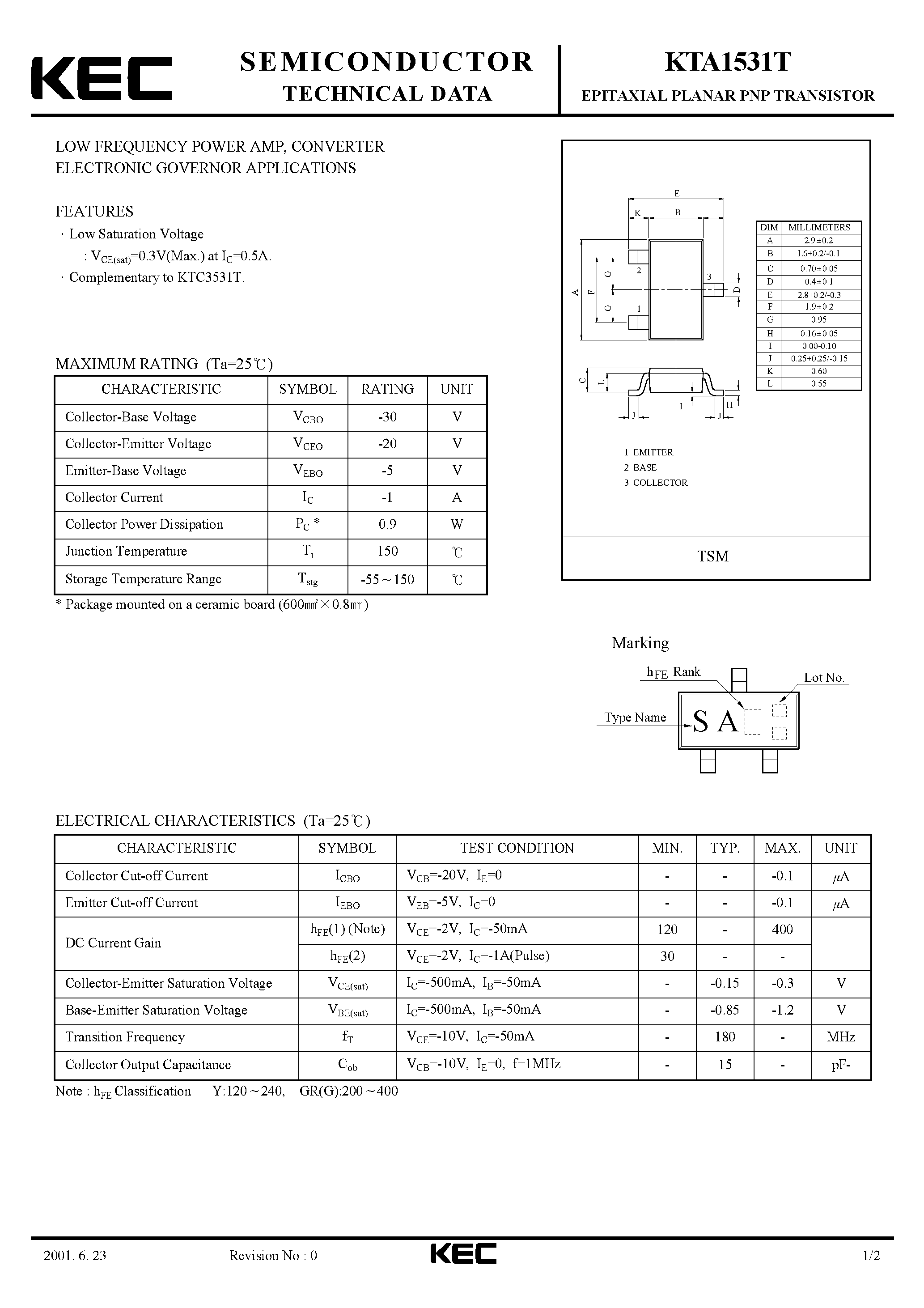 Даташит на микросхему KTA1531T страница 1 Даташит KTA1531T - EPITAXIAL PLANAR PNP TRANSISTOR страница 1