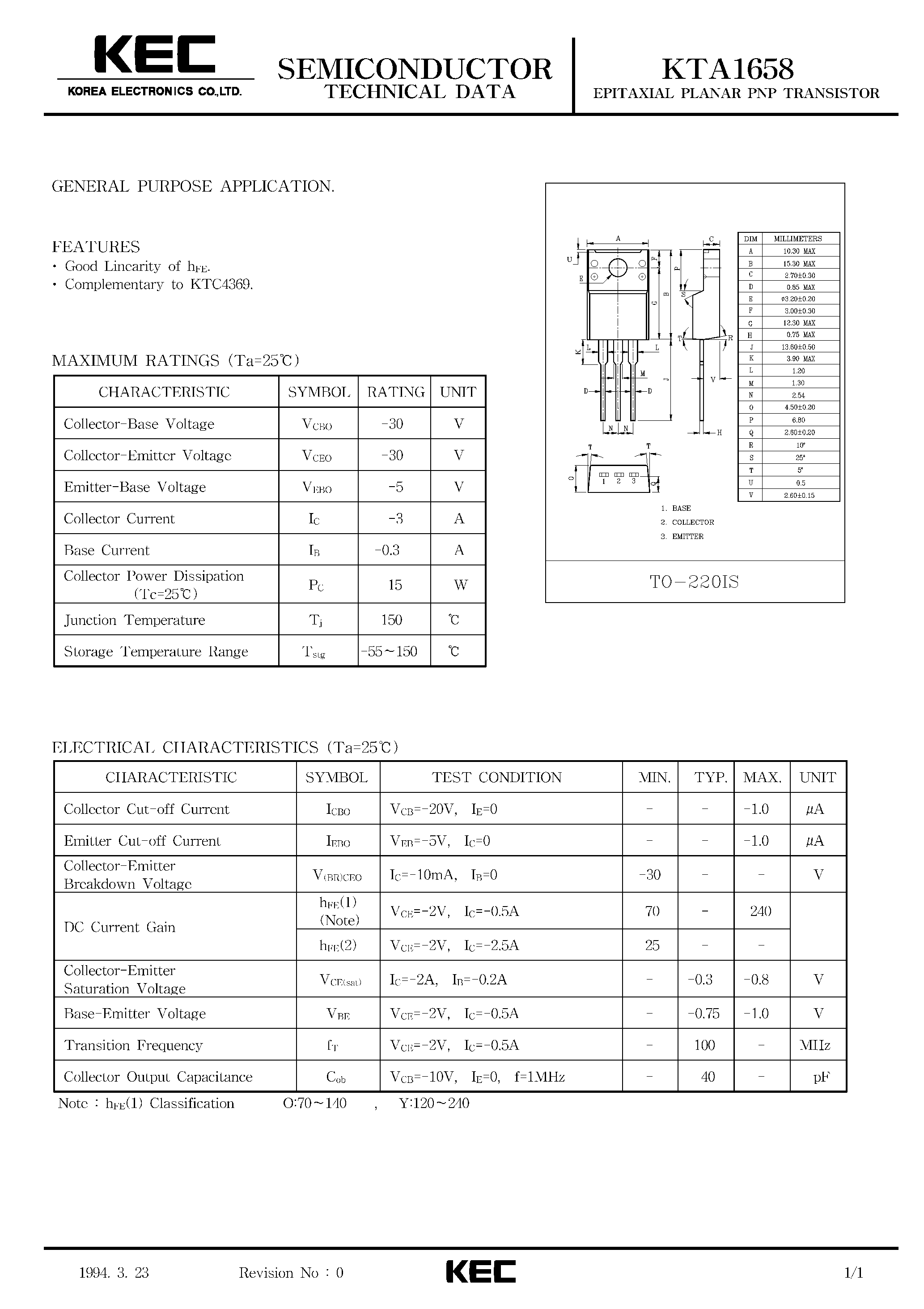 Datasheet KTA1658 - EPITAXIAL PLANAR PNP TRANSISTOR (GENERAL PURPOSE) page 1
