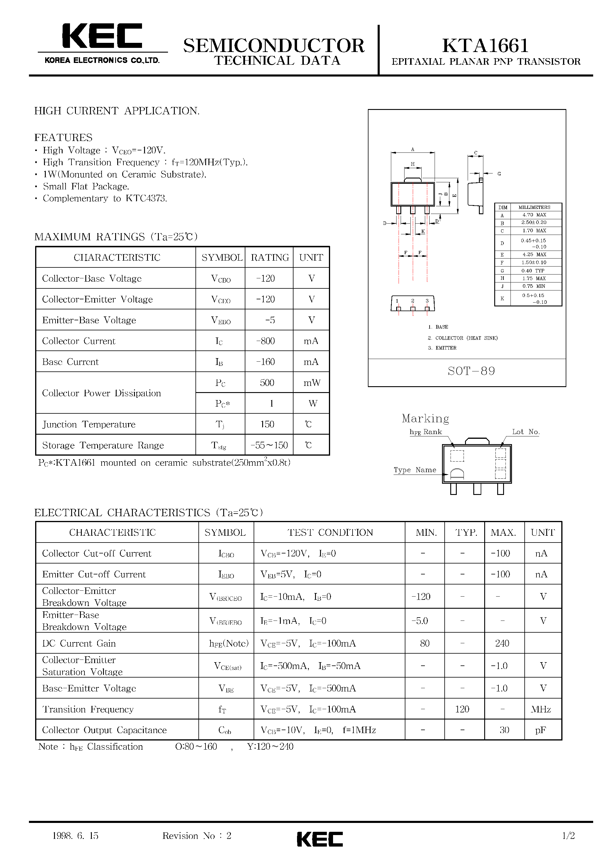 Datasheet KTA1661 page 1 Datasheet KTA1661 - EPITAXIAL PLANAR PNP TRANSISTOR (HIGH CURRENT) page 1