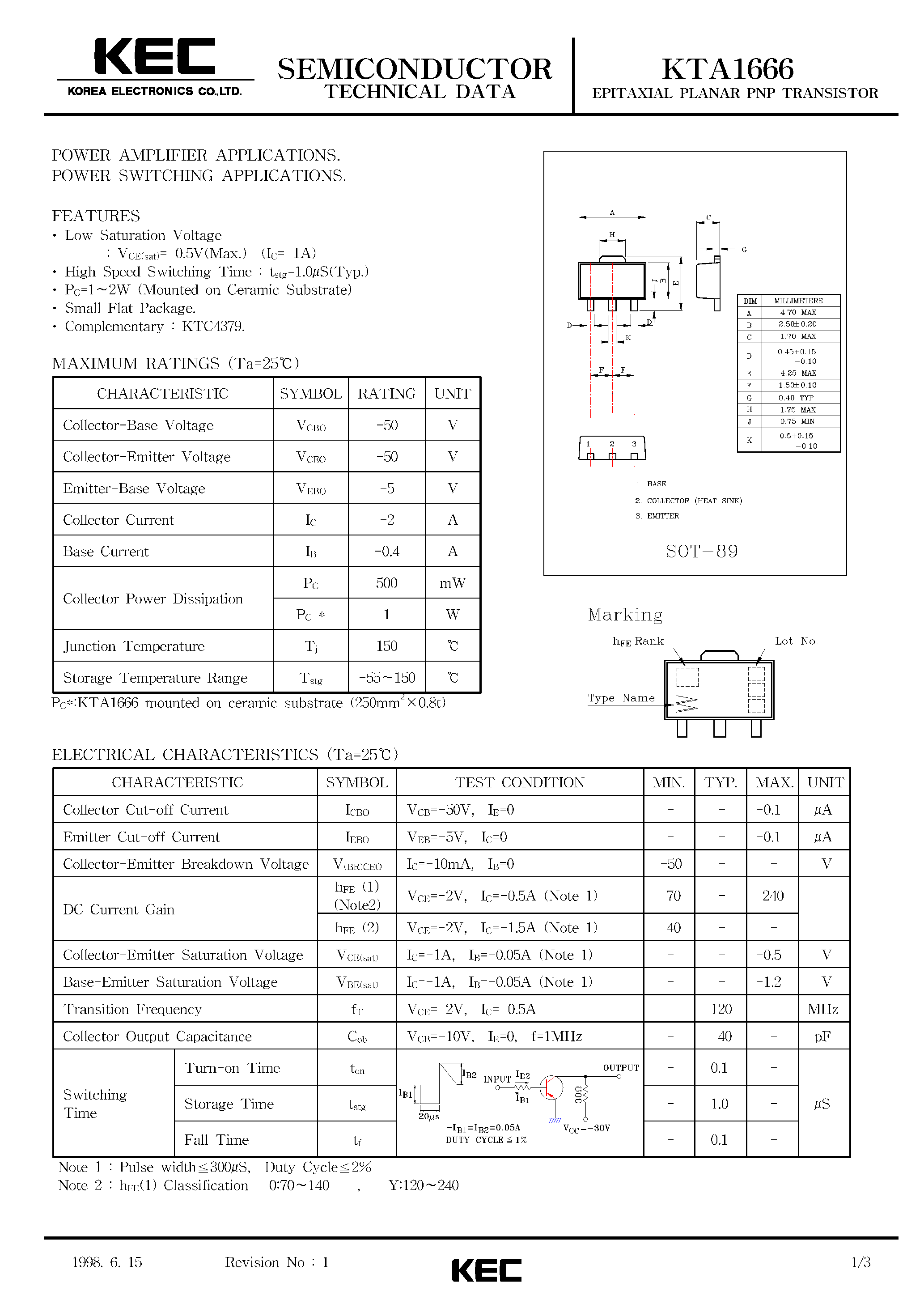 Datasheet KTA1666 - EPITAXIAL PLANAR PNP TRANSISTOR (POWER AMPLIFIER/ POWER SWITCHING) page 1