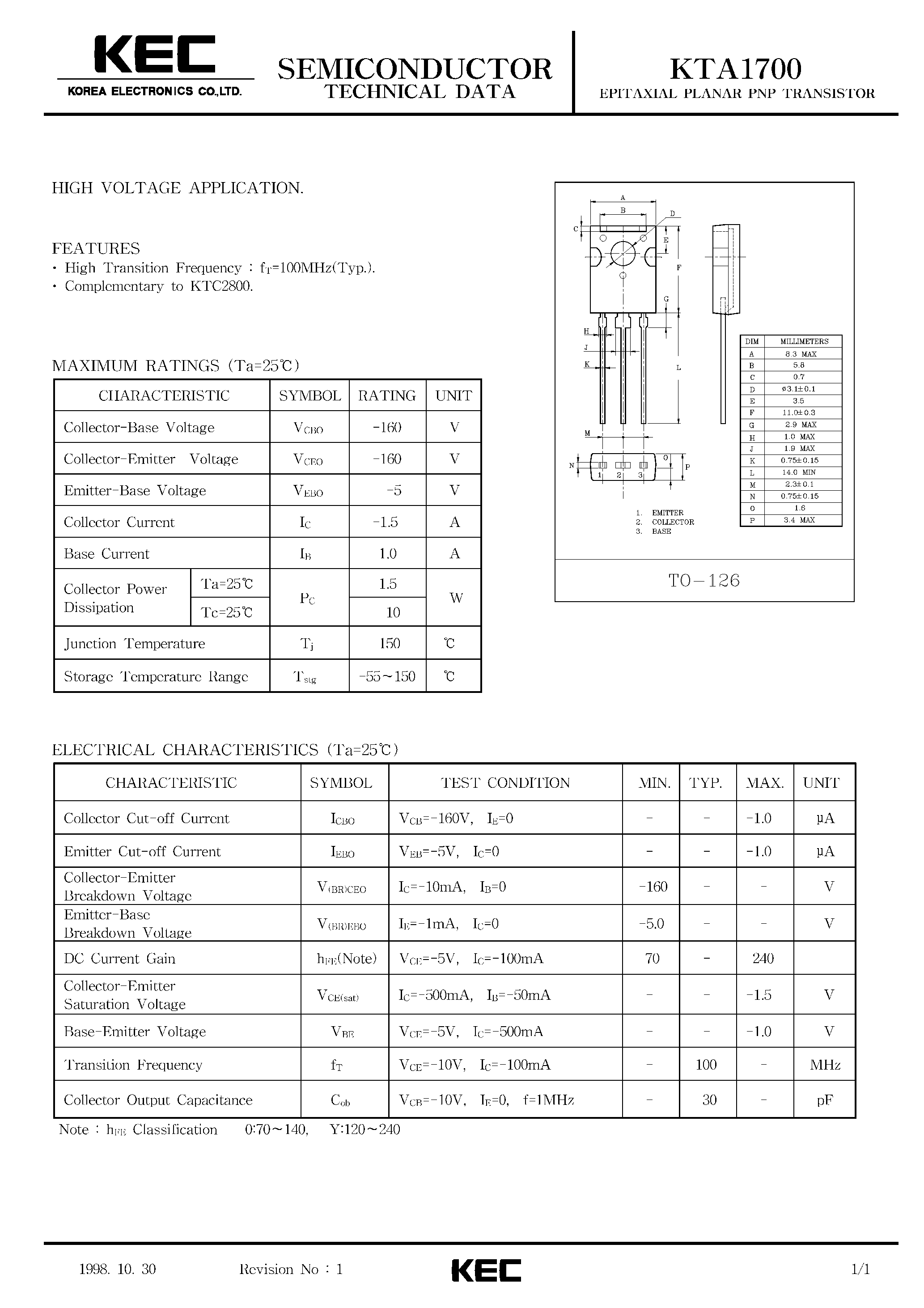 Datasheet KTA1700 page 1 Datasheet KTA1700 - EPITAXIAL PLANAR PNP TRANSISTOR (HIGH VOLTAGE) page 1