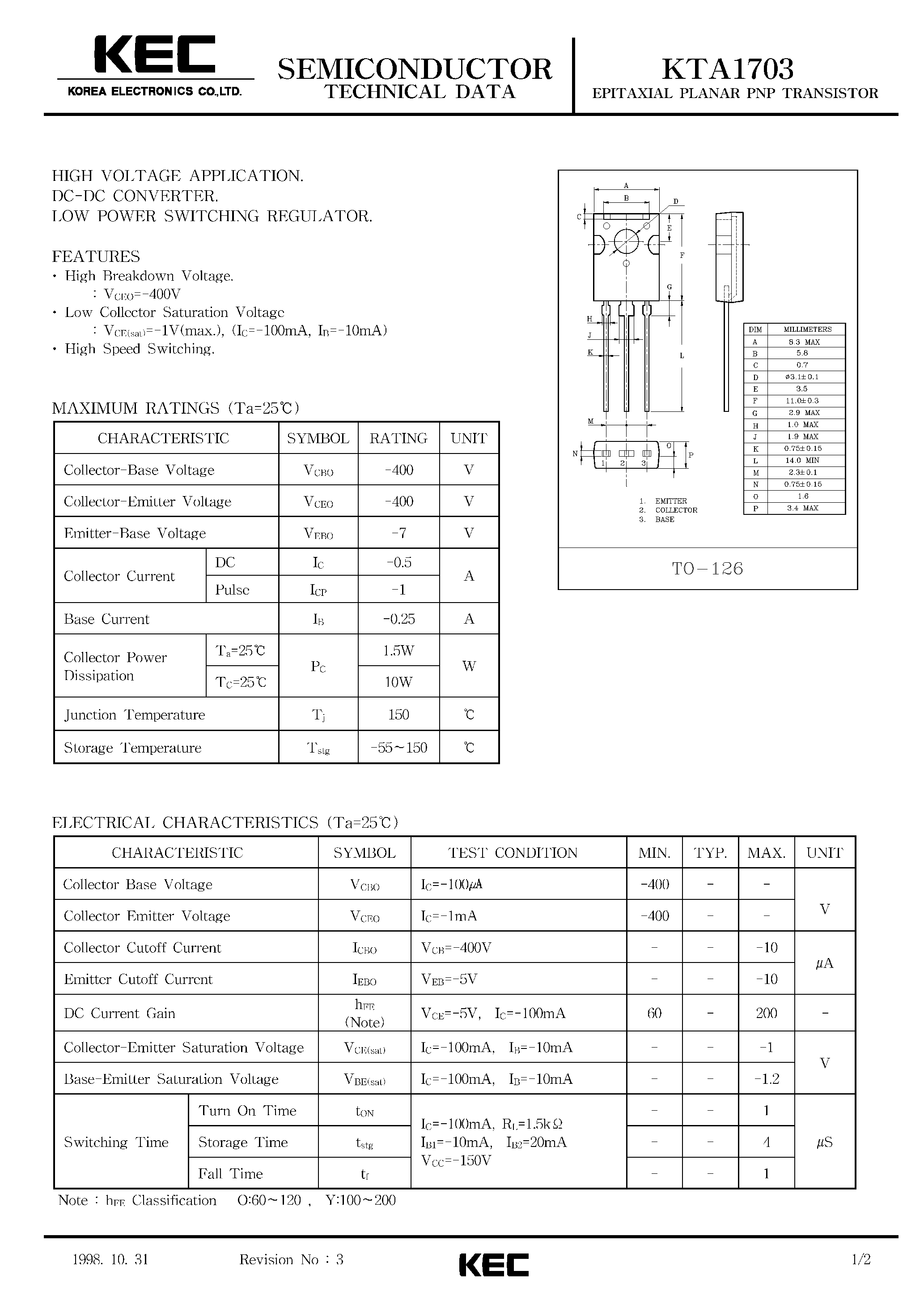 Datasheet KTA1703 - EPITAXIAL PLANAR PNP TRANSISTOR (HIGH VOLTAGE/ DC-DC CONVERTER/ LOW POWER SWITCHING REGULATOR) page 1