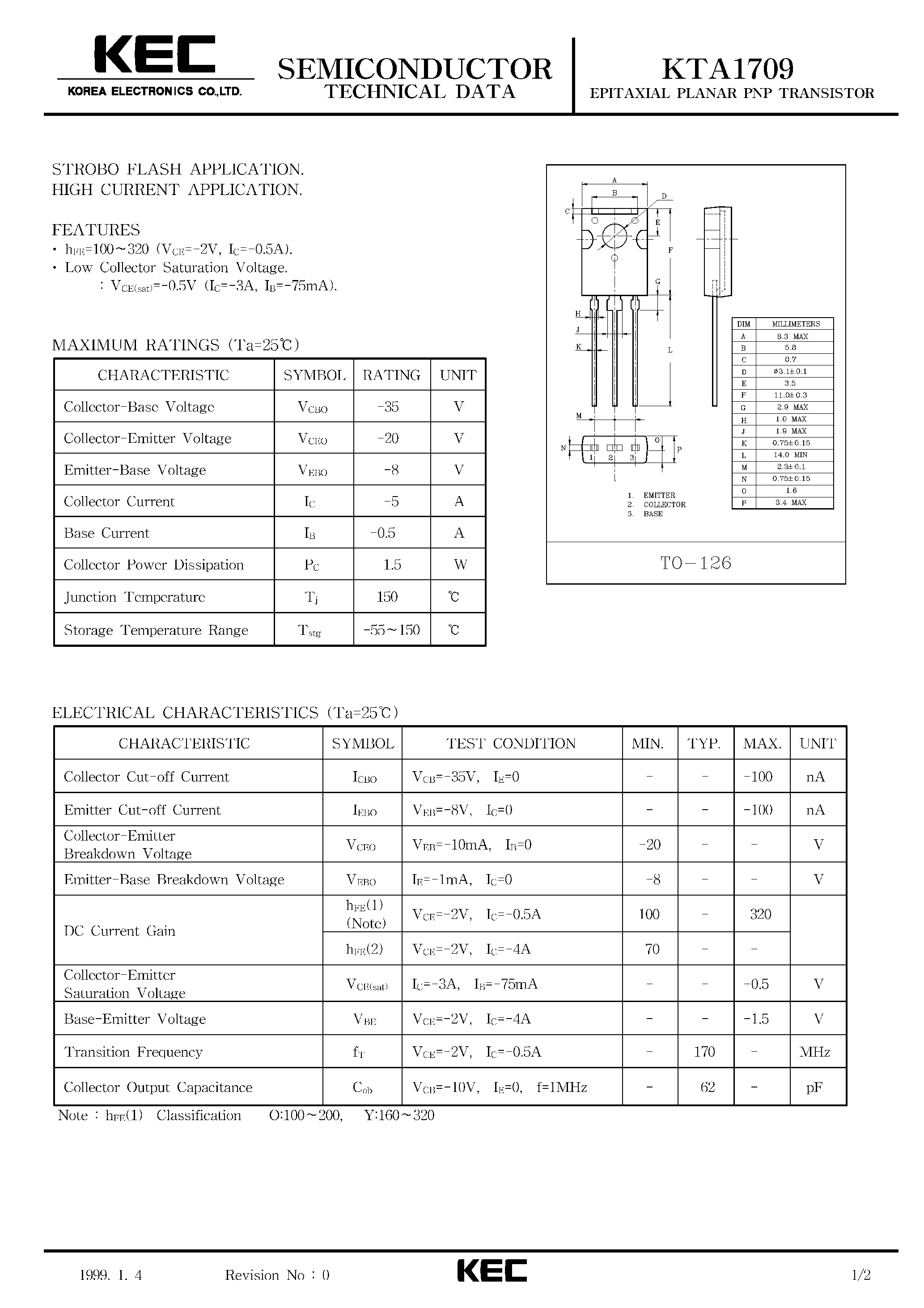 Datasheet KTA1709 - EPITAXIAL PLANAR PNP TRANSISTOR (STROBO FLASH/ HIGH CURRENT) page 1