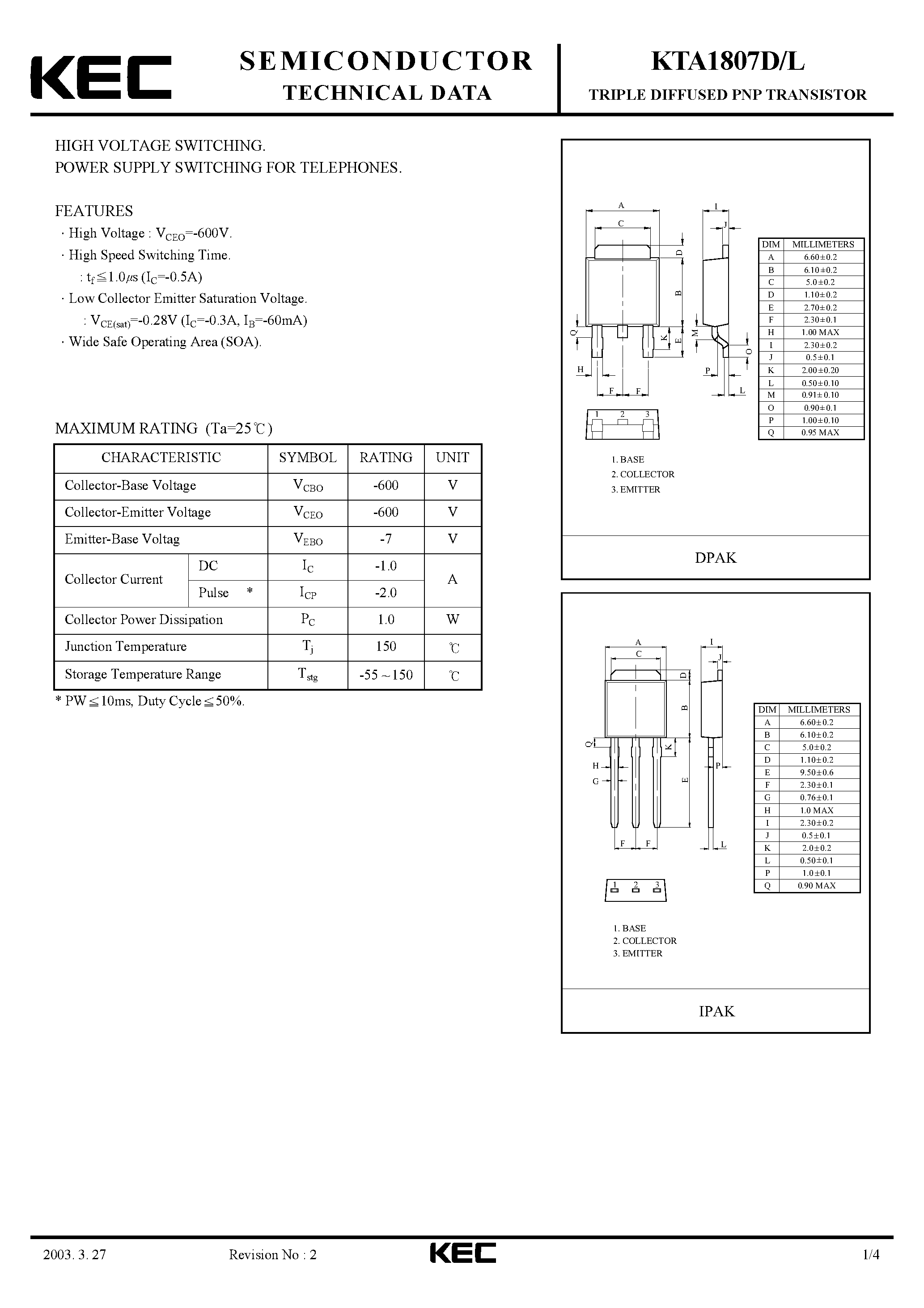 Даташит KTA1807D - TRIPLE DIFFUSED PNP TRANSISTOR(HIGH VOLTAGE SWITCHING POWER SUPPLY SWITCHING FOR TELEPHONES) страница 1