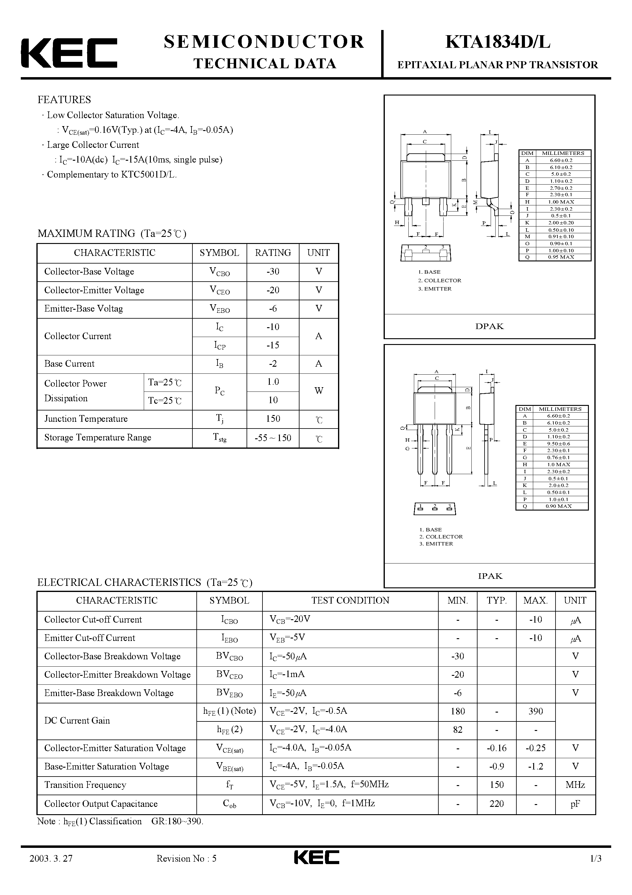 Datasheet KTA1834L - EPITAXIAL PLANAR PNP TRANSISTOR page 1