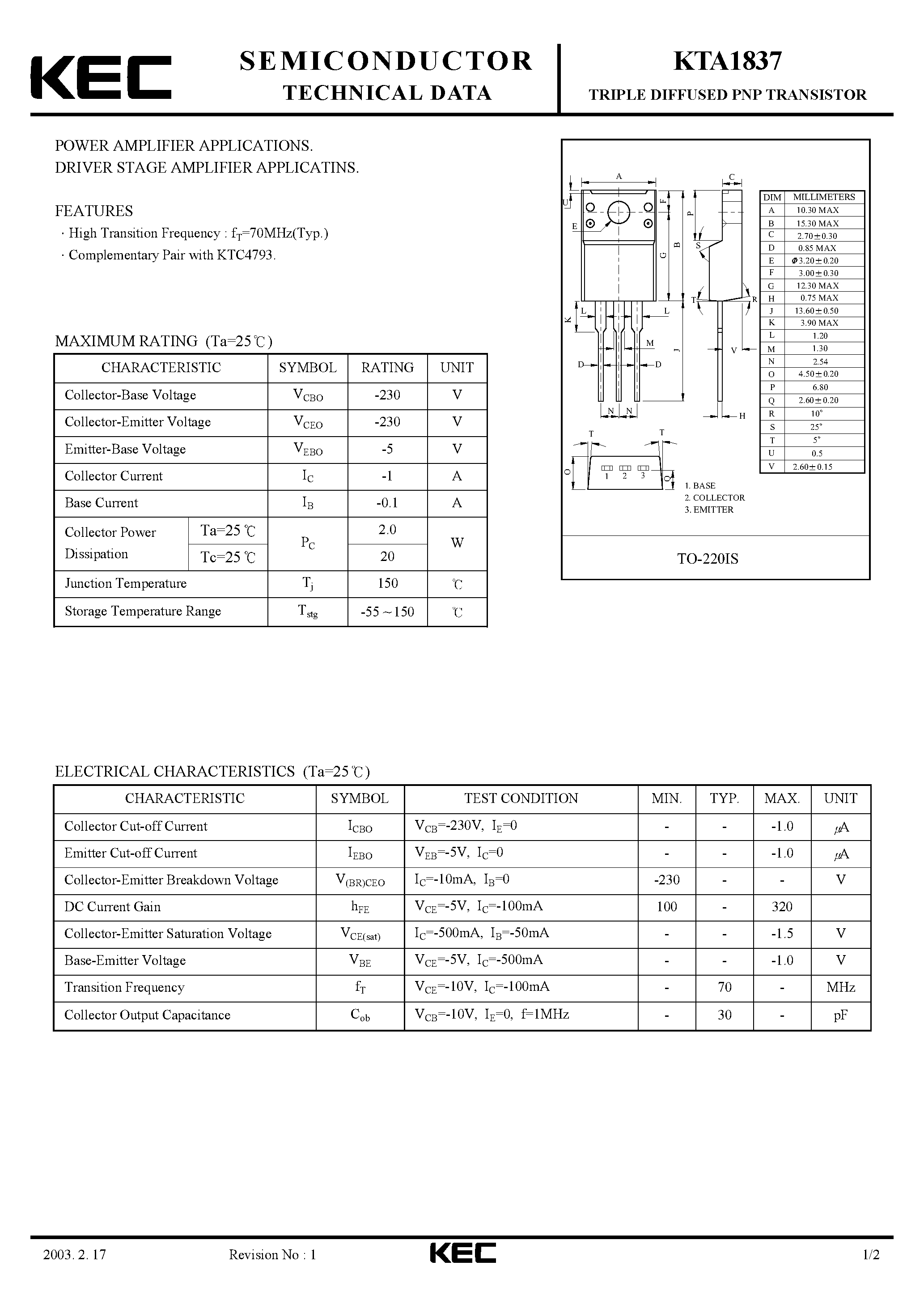 Datasheet KTA1837 - TRIPLE DIFFUSED PNP TRANSISTOR(POWER AMPLIFIER DRIVER STAGE AMPLIFIER) page 1