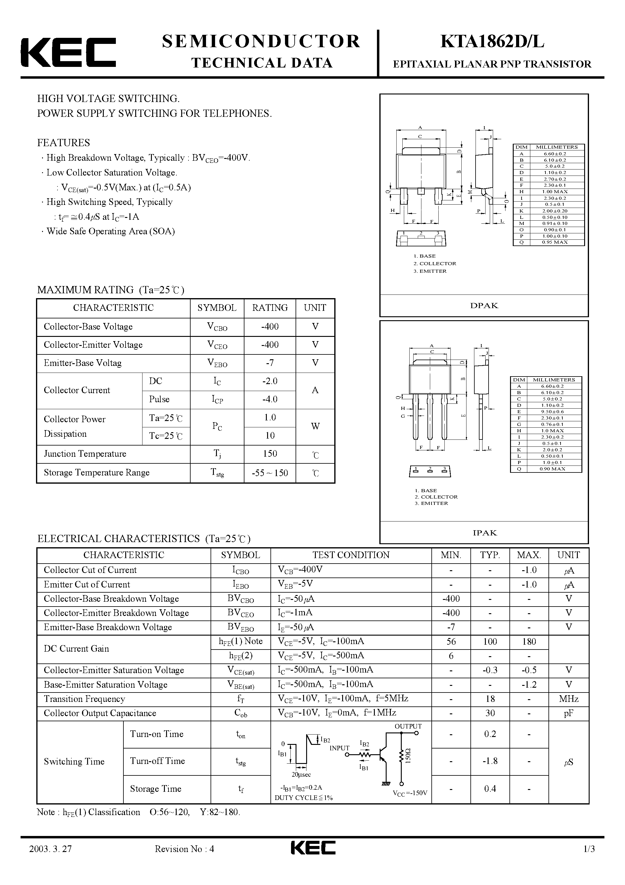 Datasheet KTA1862L - EPITAXIAL PLANAR PNP TRANSISTOR (HIGH VOLTAGE SWITCHING POWER SUPPLY SWITCHING FOR TELEPHONES) page 1