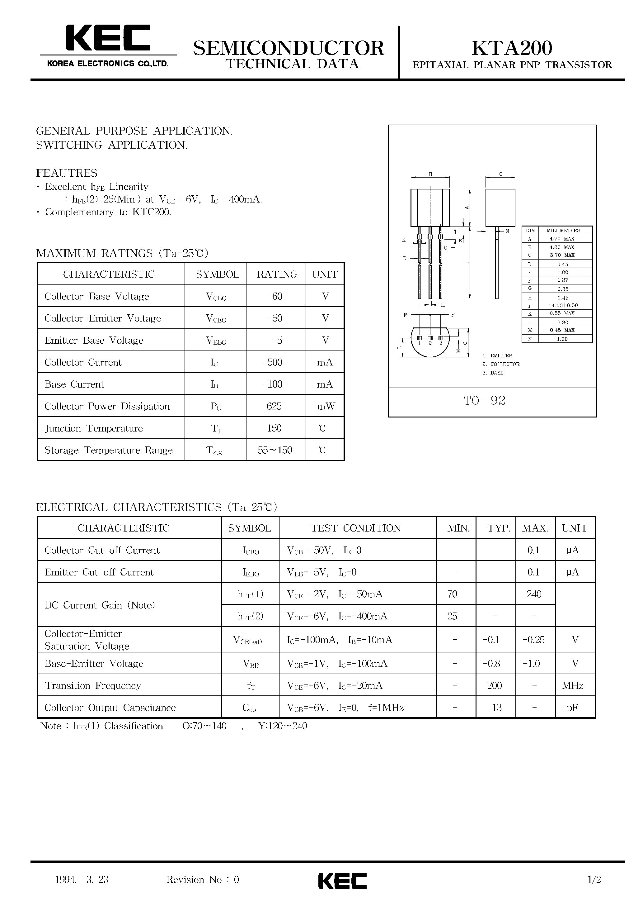 Даташит на микросхему KTA200 страница 1 Даташит KTA200 - EPITAXIAL PLANAR PNP TRANSISTOR (GENERAL PURPOSE/ SWITCHING) страница 1
