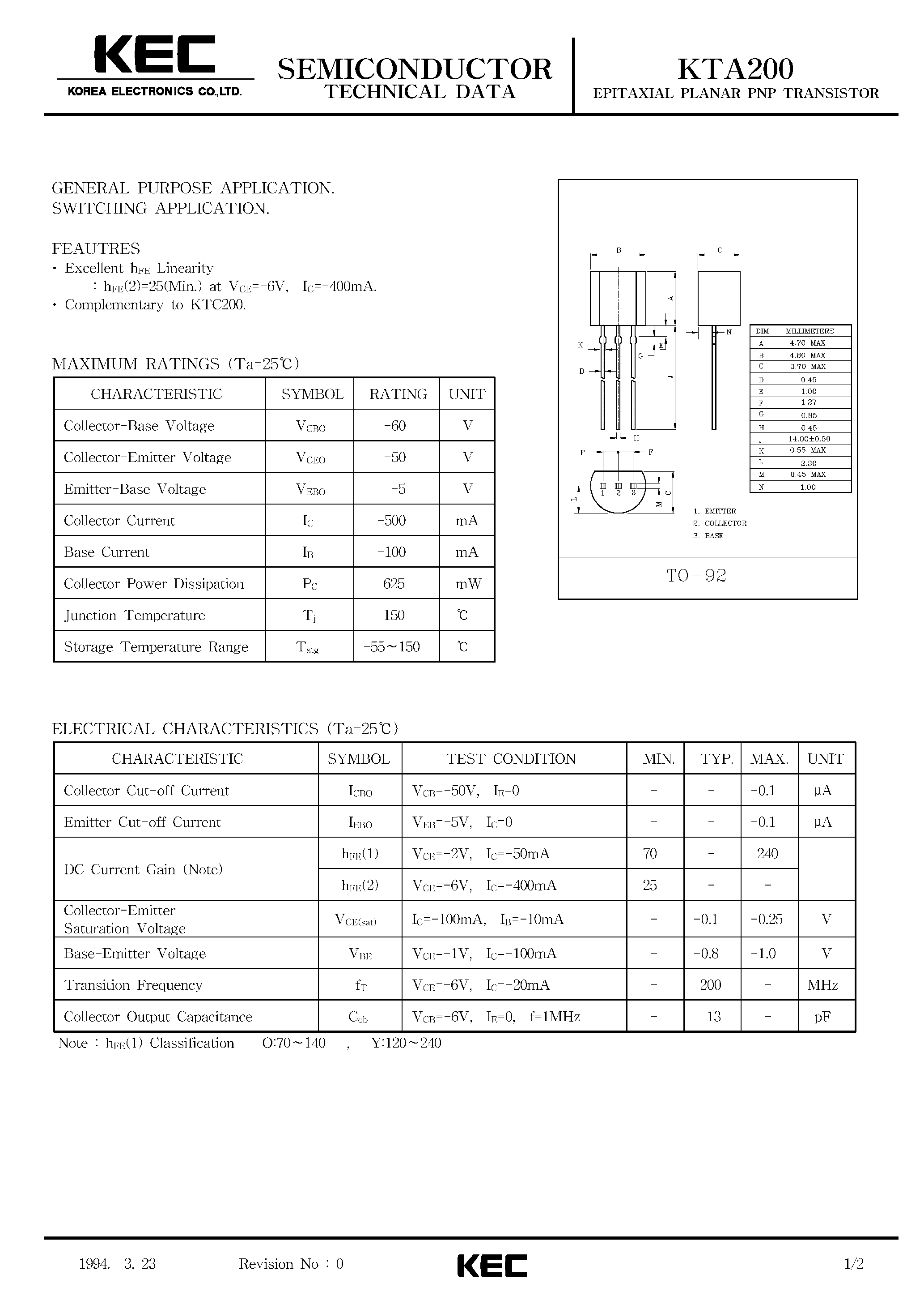 Datasheet KTA200 - EPITAXIAL PLANAR PNP TRANSISTOR (GENERAL PURPOSE/ SWITCHING) page 1