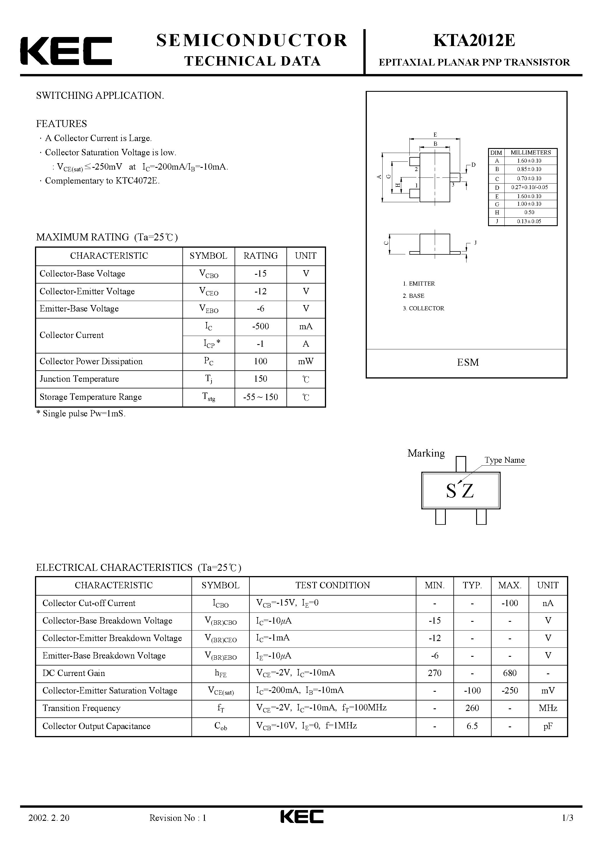 Datasheet KTA2012E - EPITAXIAL PLANAR PNP TRANSISTOR (SWITCHING) page 1