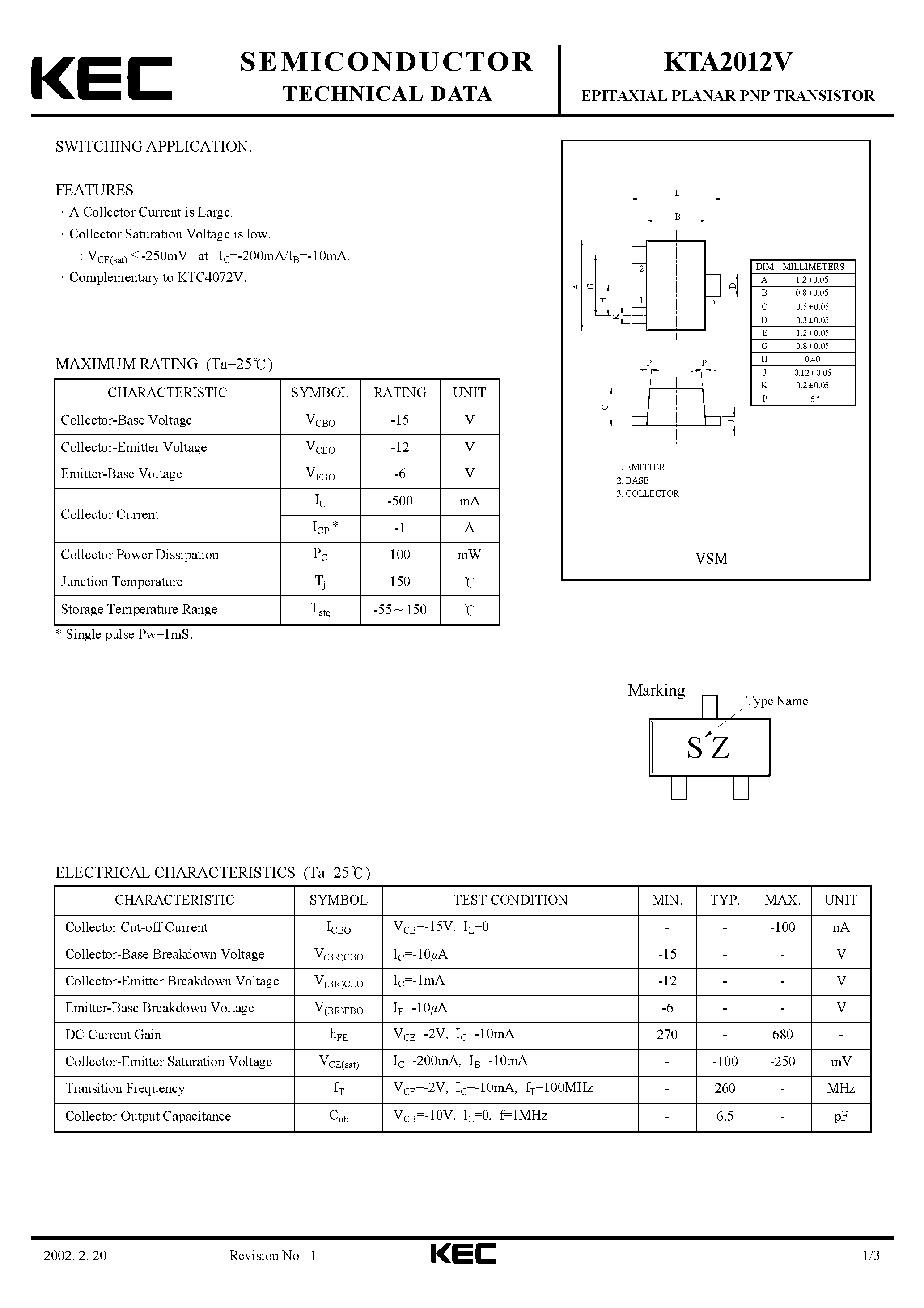 Datasheet KTA2012V - EPITAXIAL PLANAR PNP TRANSISTOR (SWITCHING) page 1
