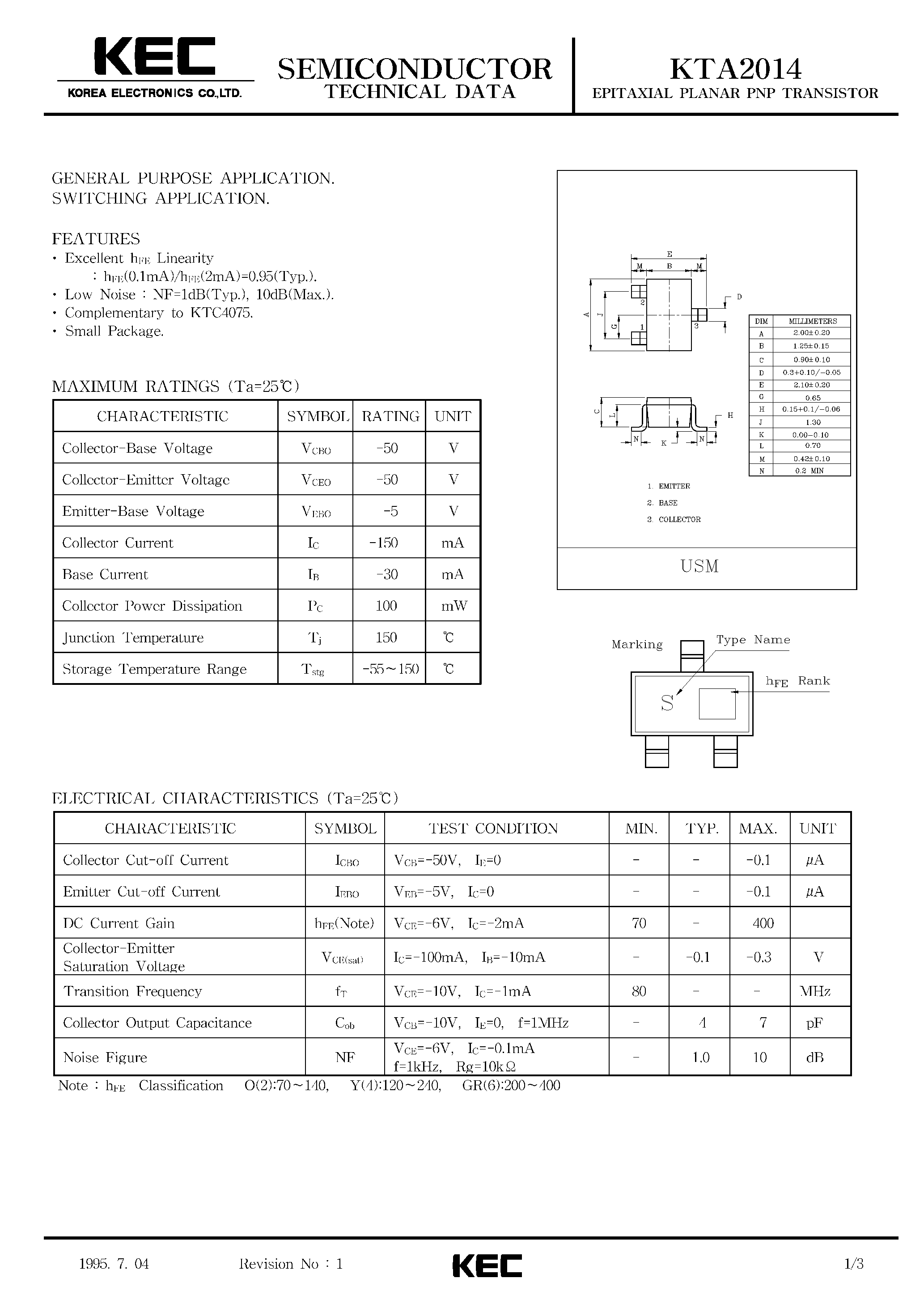 Datasheet KTA2014 - EPITAXIAL PLANAR PNP TRANSISTOR (GENERAL PURPOSE/ SWITCHING) page 1