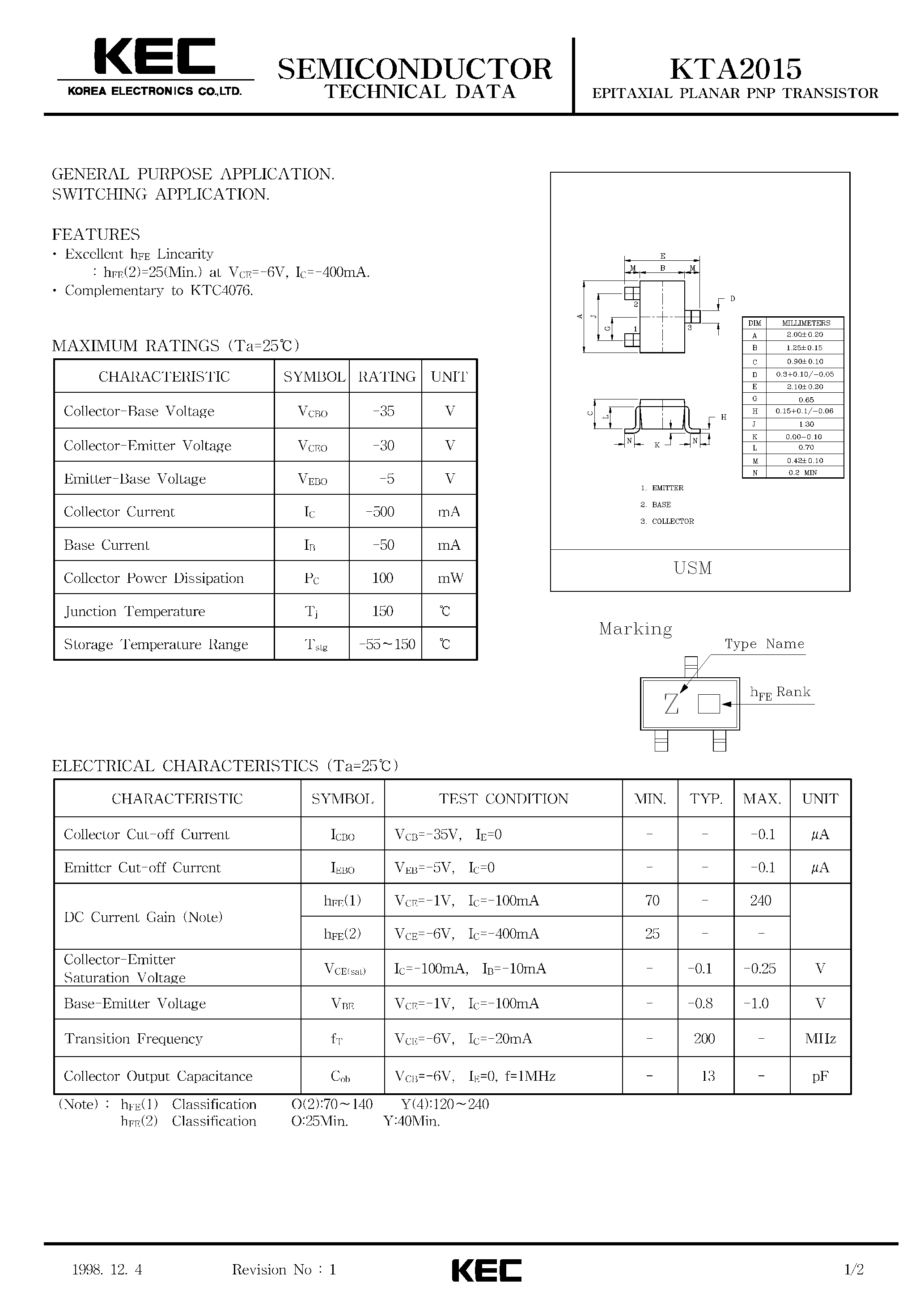 Datasheet KTA2015 - EPITAXIAL PLANAR PNP TRANSISTOR (GENERAL PURPOSE/ SWITCHING) page 1