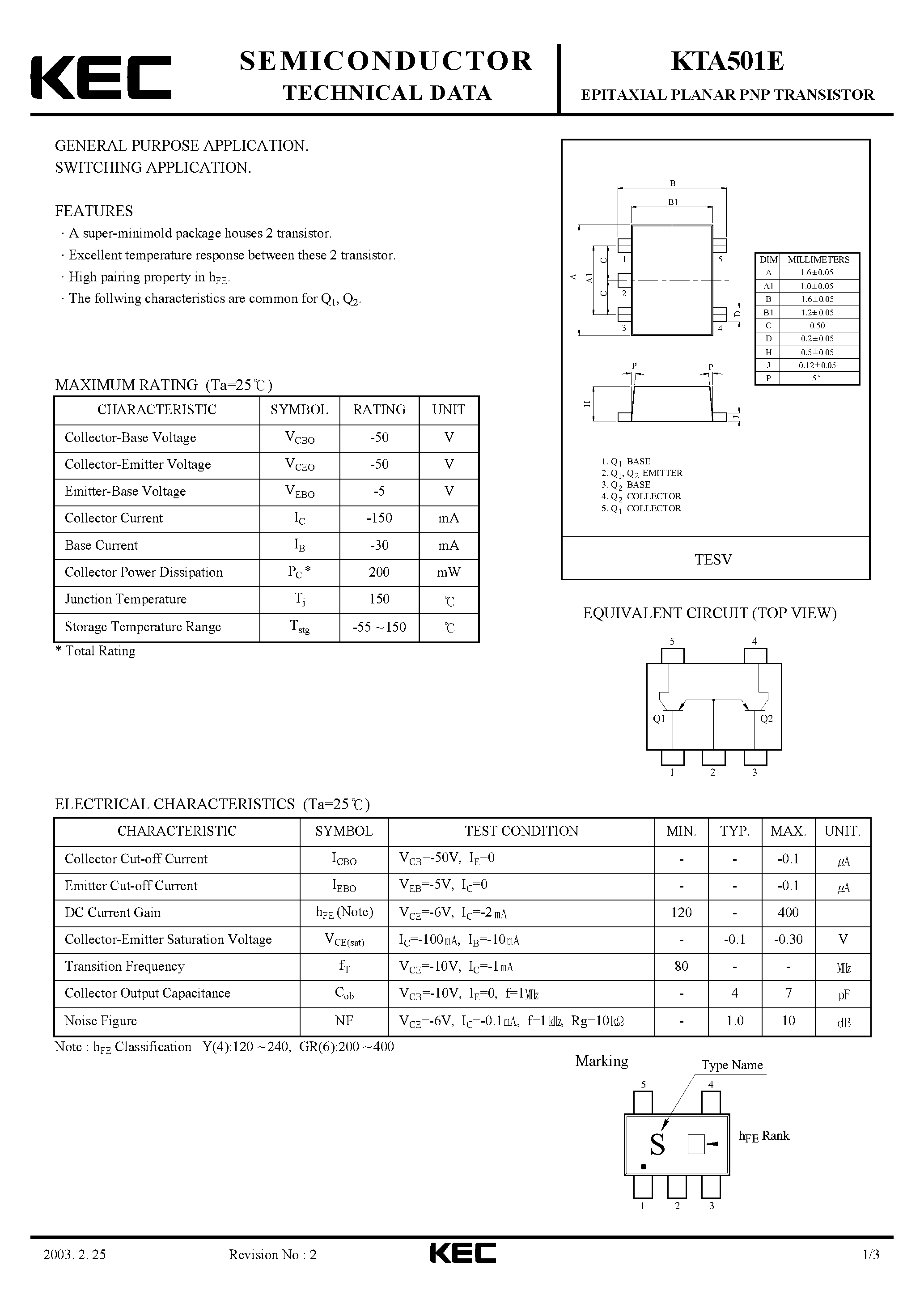 Даташит KTA501E - EPITAXIAL PLANAR PNP TRANSISTOR (GENERAL PURPOSE/ SWITCHING) страница 1