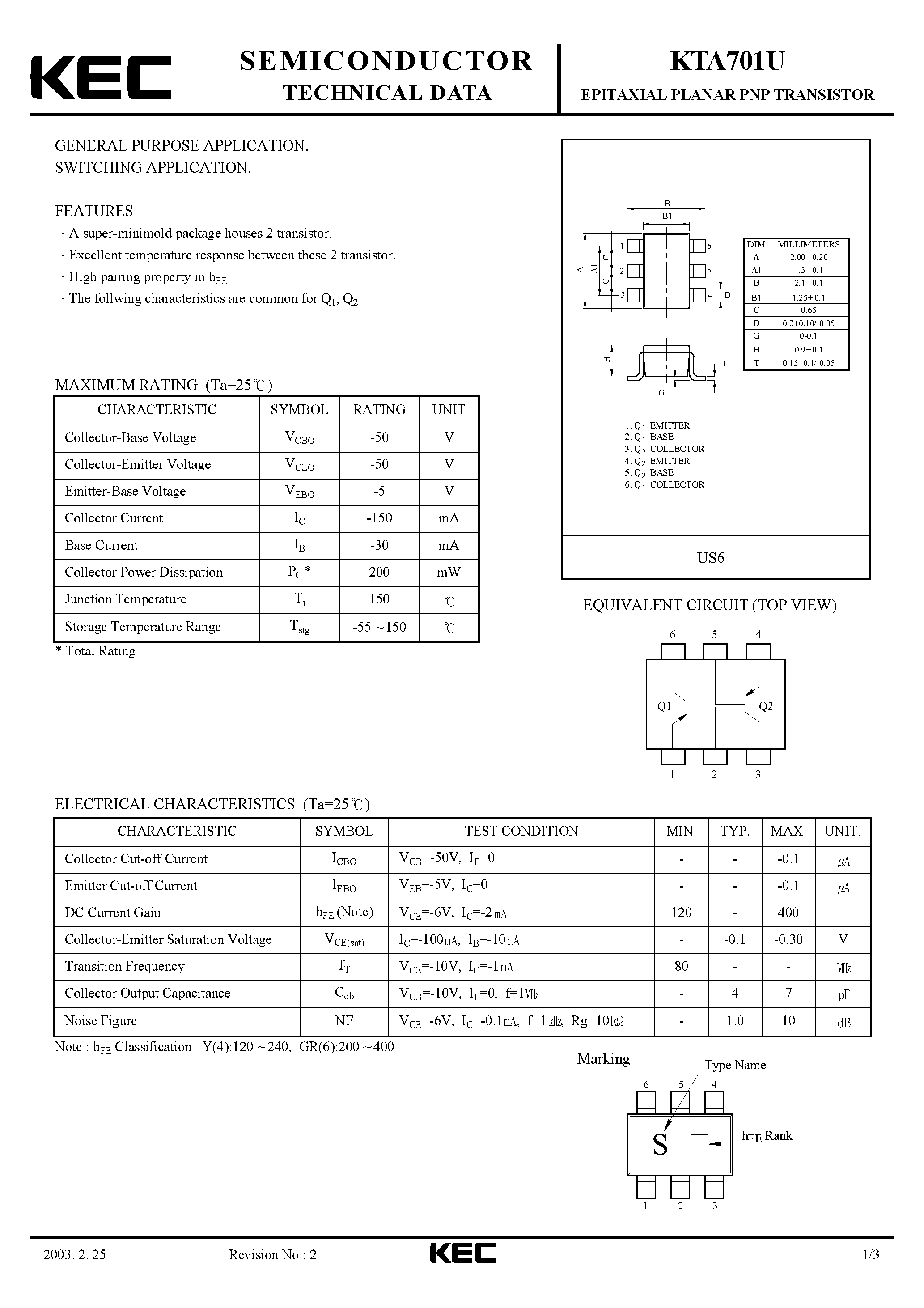 Даташит KTA701U - EPITAXIAL PLANAR PNP TRANSISTOR (GENERAL PURPOSE/ SWITCHING) страница 1