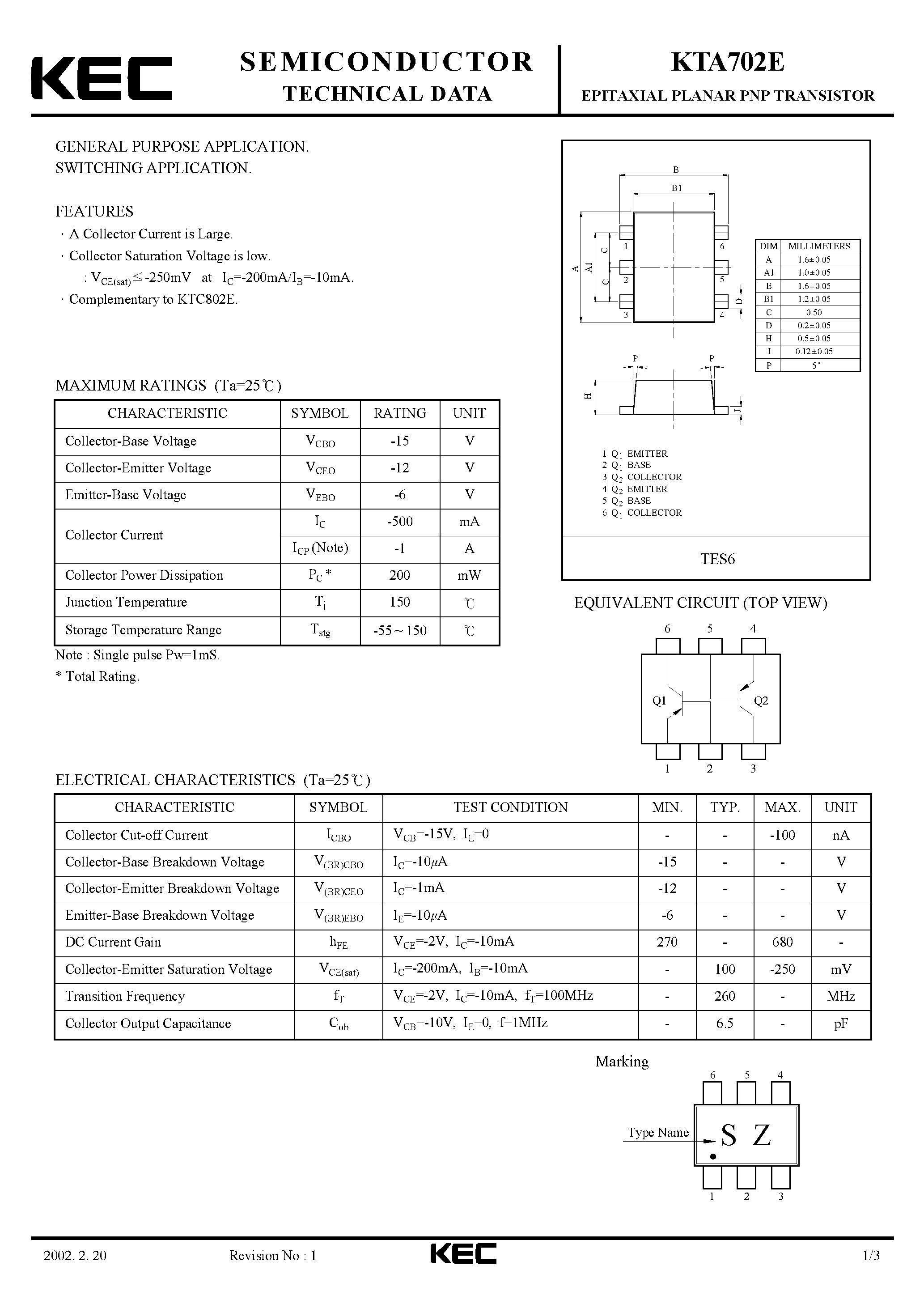 Datasheet KTA702E - EPITAXIAL PLANAR NPN TRANSISTOR (GENERAL PURPOSE/ SWITCHING) page 1
