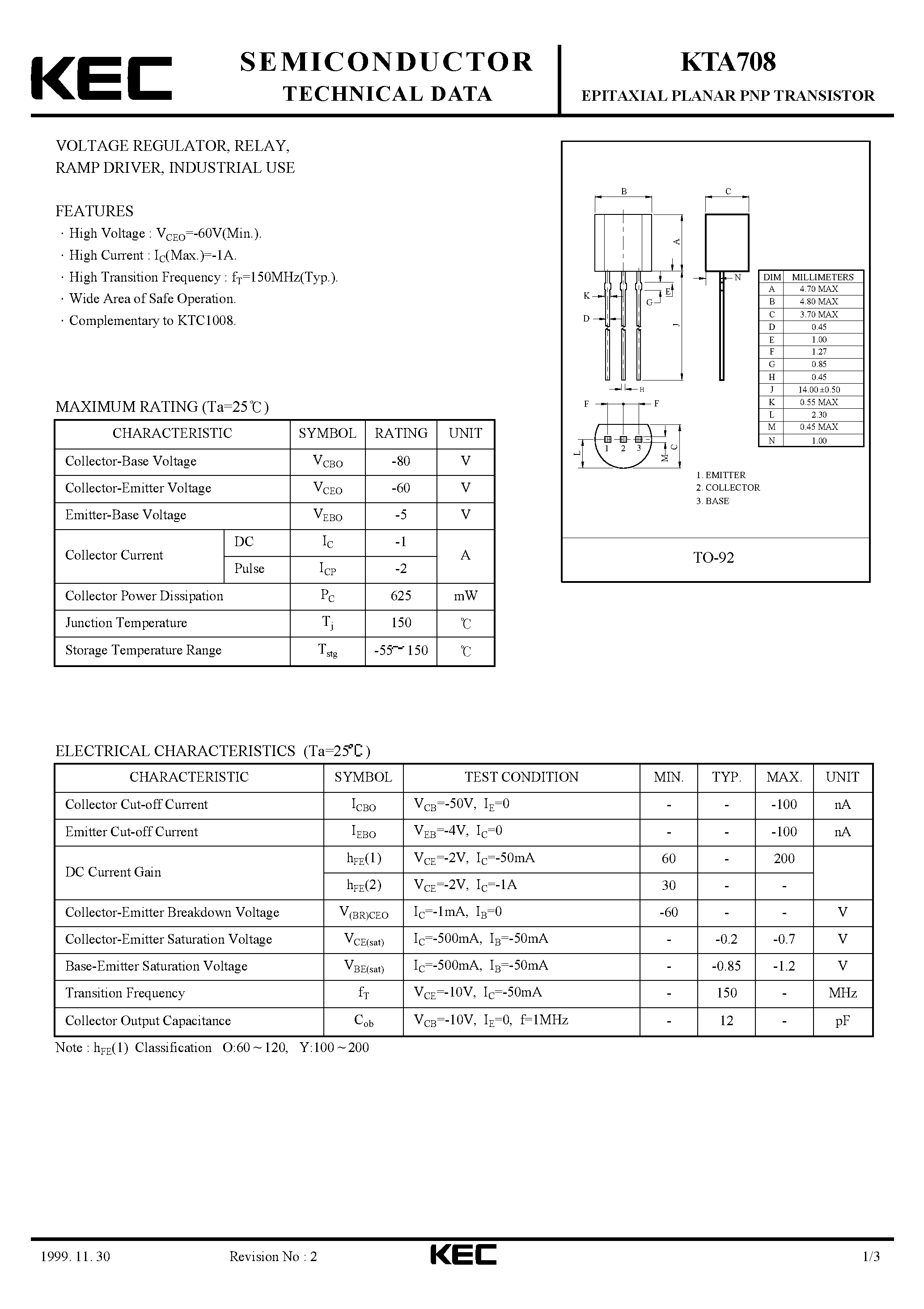 Datasheet KTA708 - EPITAXIAL PLANAR PNP TRANSISTOR (VOLTAGE REGULATOR RELAY RAMP DRIVER/ INDUSTRIAL USE) page 1