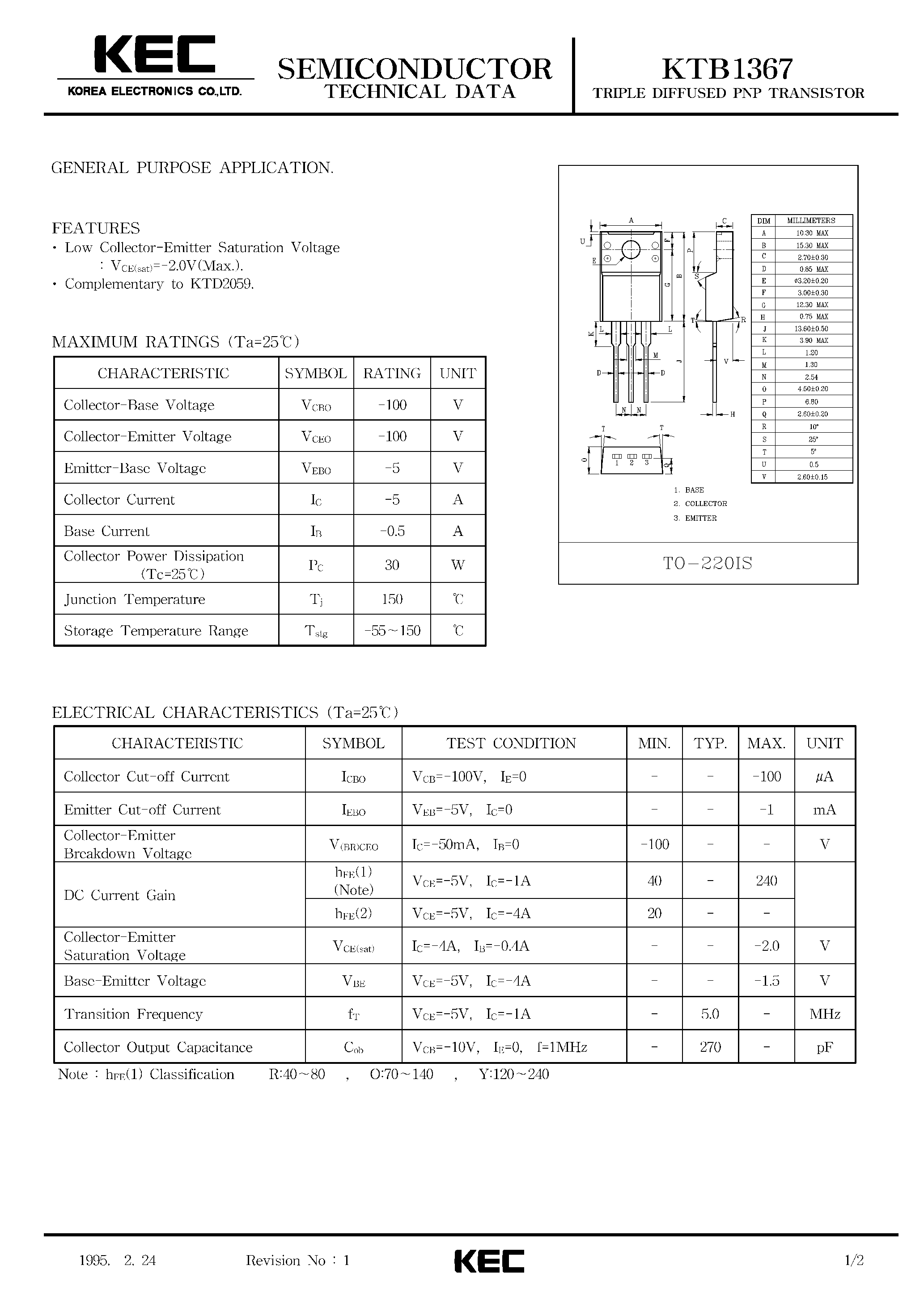 Datasheet KTB1367 - TRIPLE DIFFUSED PNP TRANSISTOR(GENERAL PURPOSE) page 1