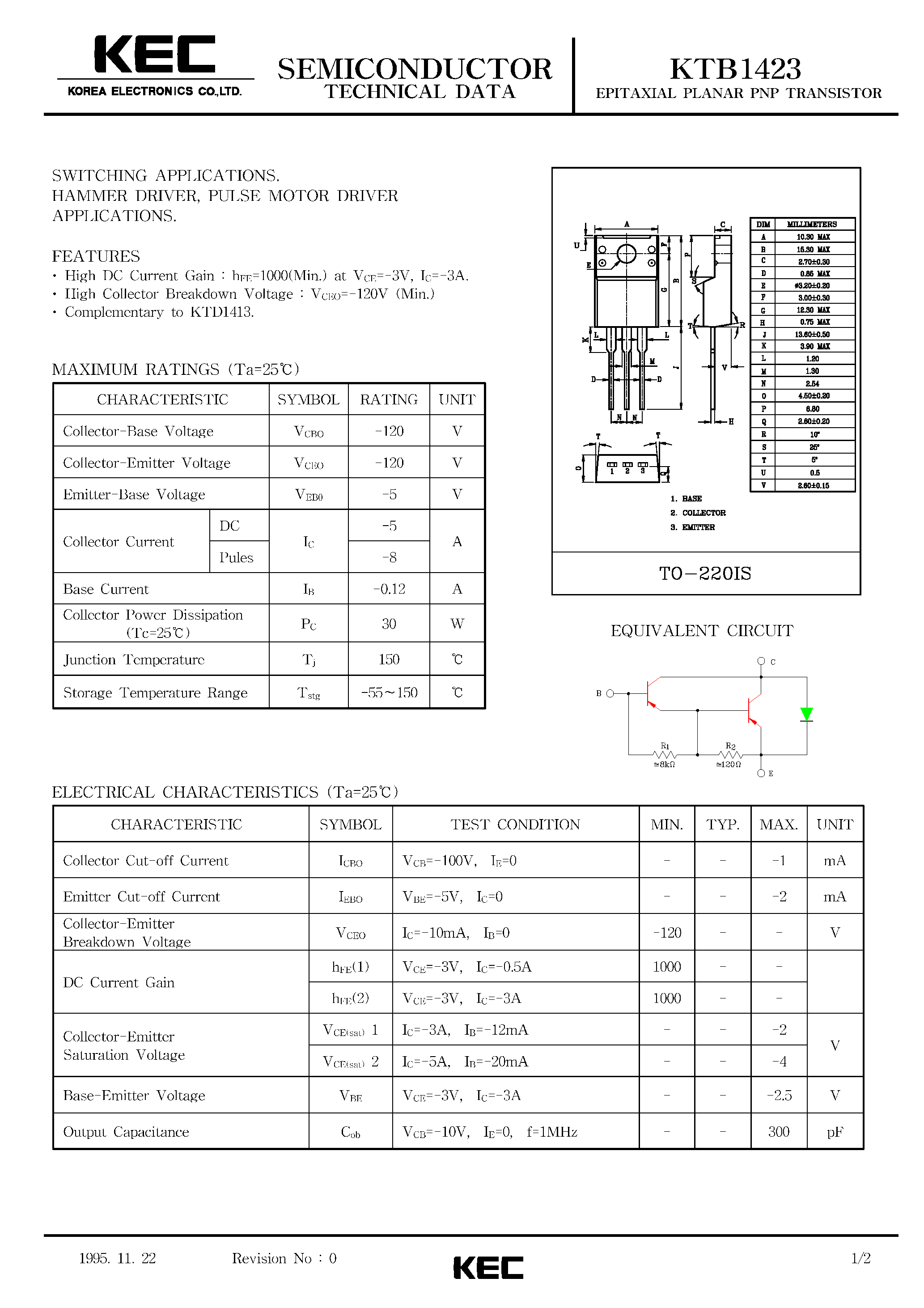 Даташит на микросхему KTB1423 страница 1 Даташит KTB1423 - EPITAXIAL PLANAR PNP TRANSISTOR (SWITCHING HAMMER DRIVER/ PULSE MOTOR DRIVER) страница 1
