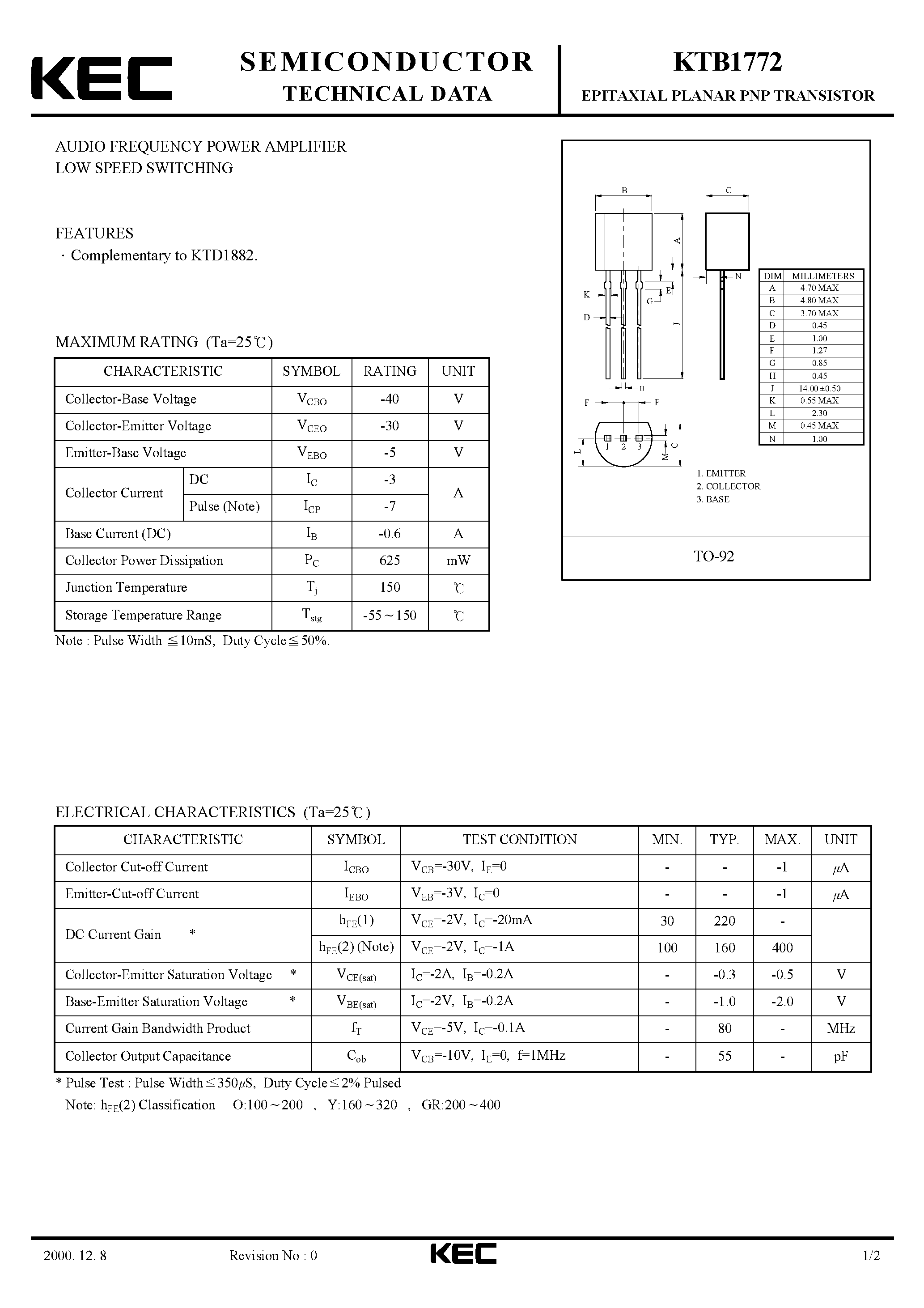 Даташит KTB1772 - EPITAXIAL PLANAR PNP TRANSISTOR (AUDIO FREQUENCY POWER AMPLIFIER LOW SPEED SWITCHING) страница 1