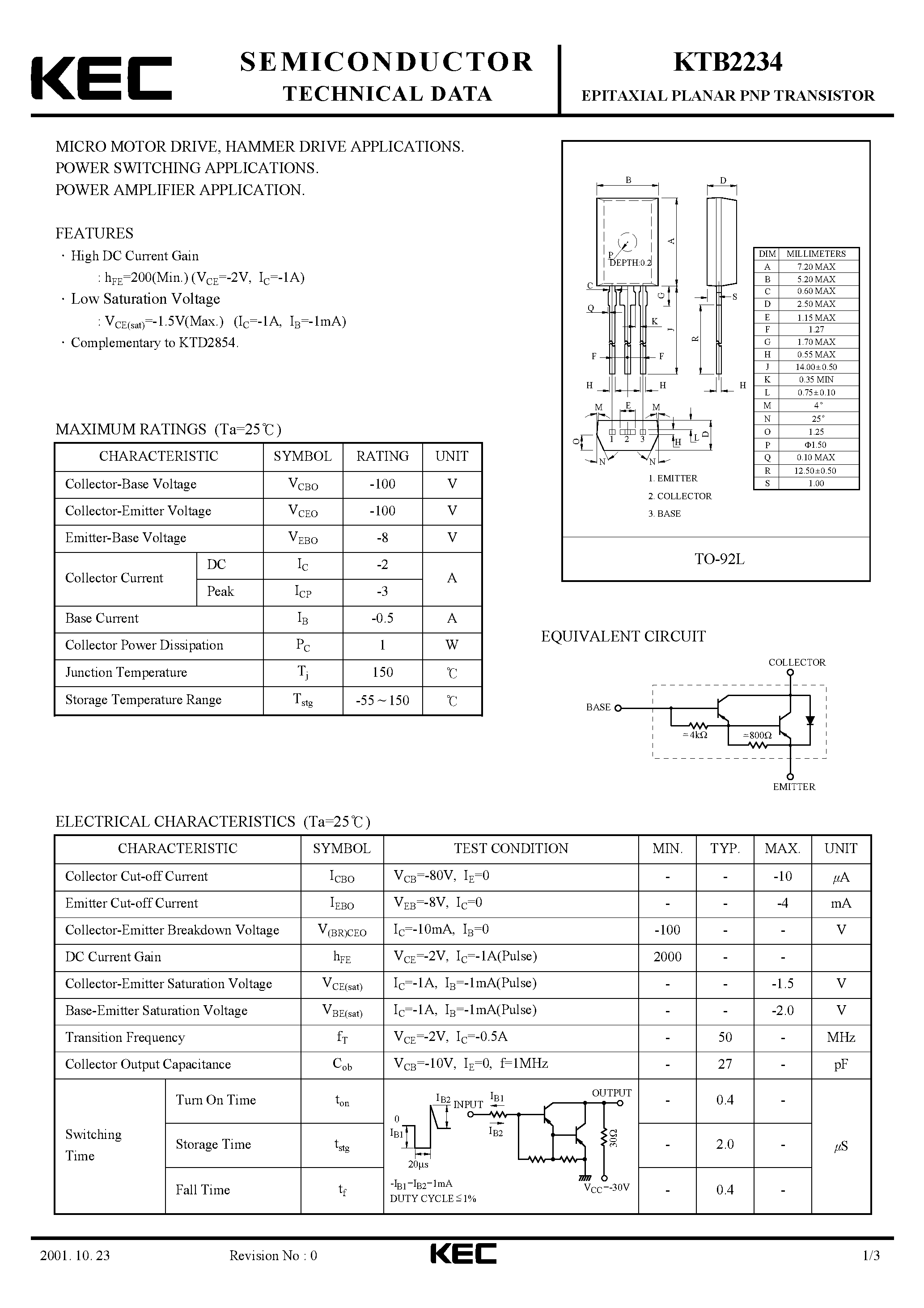 Datasheet KTB2234 - EPITAXIAL PLANAR PNP TRANSISTOR (MICRO MOTOR DRIVE/ HAMMER DRIVE/ POWER SWITCHING/ POWER AMPLIFIER) page 1