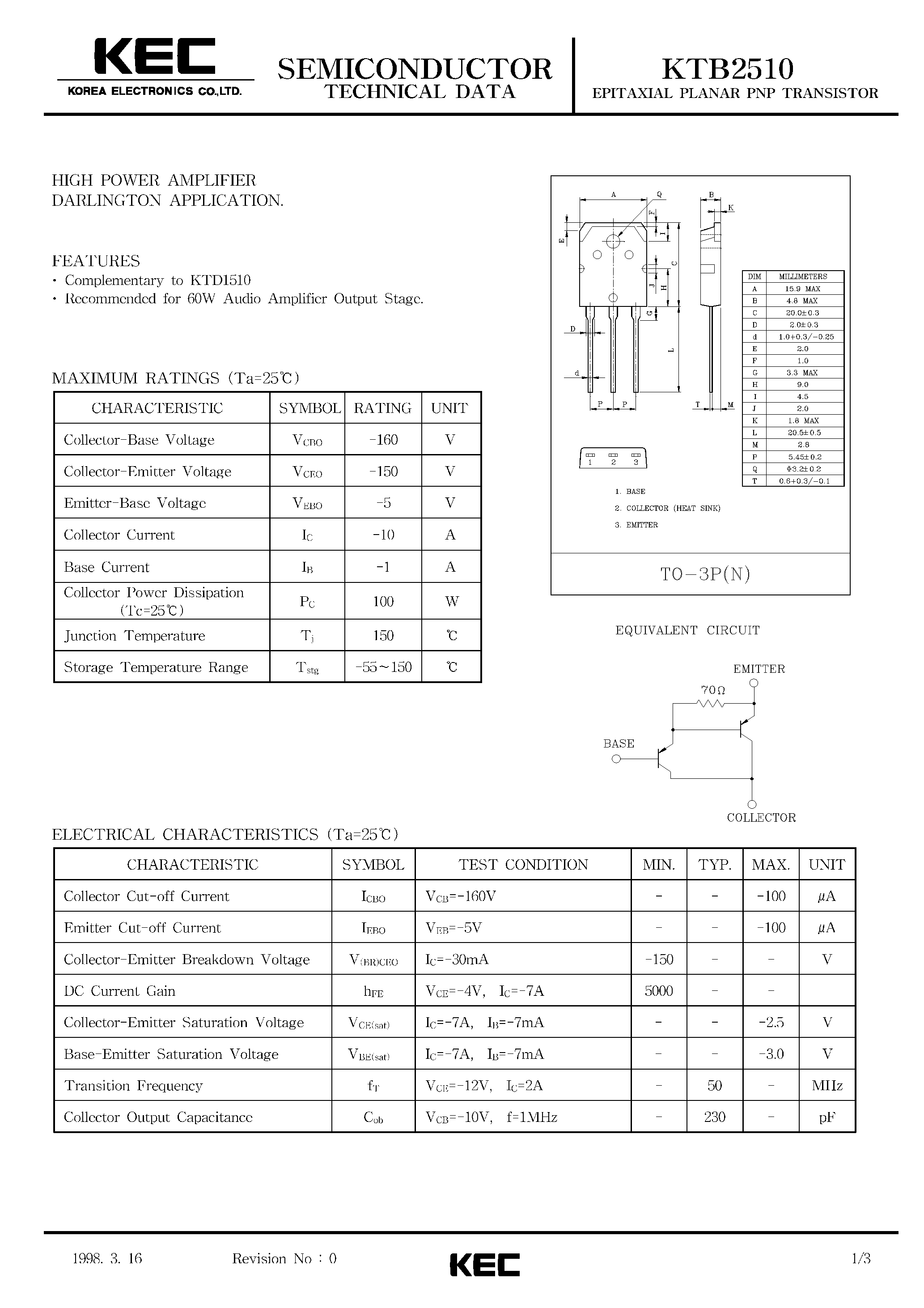 Даташит KTB2510 - EPITAXIAL PLANAR PNP TRANSISTOR (HIGH POWER AMPLIFIER DARLINGTON) страница 1