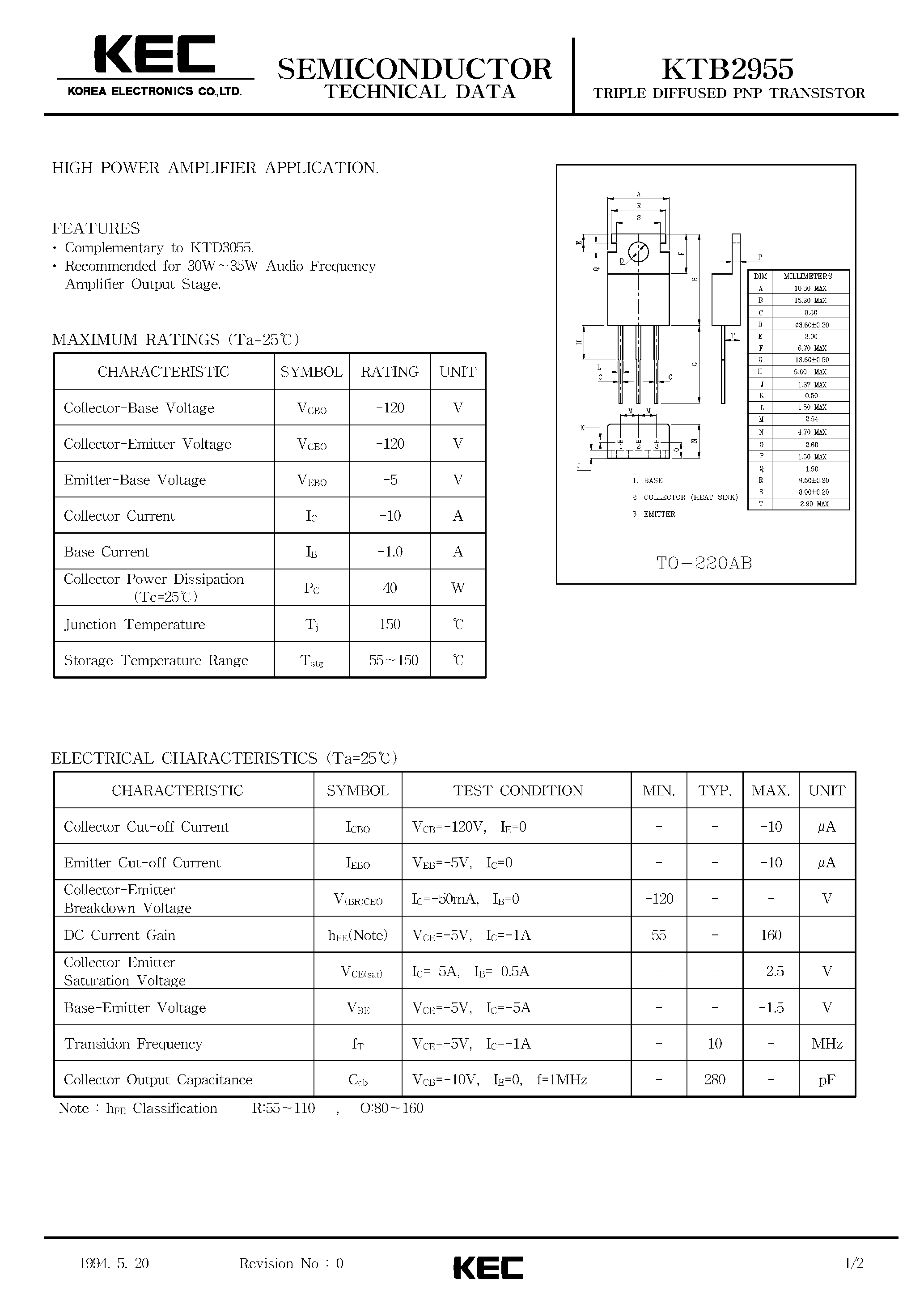 Даташит KTB2955 - EPITAXIAL PLANAR PNP TRANSISTOR (HIGH POWER AMPLIFIER) страница 1