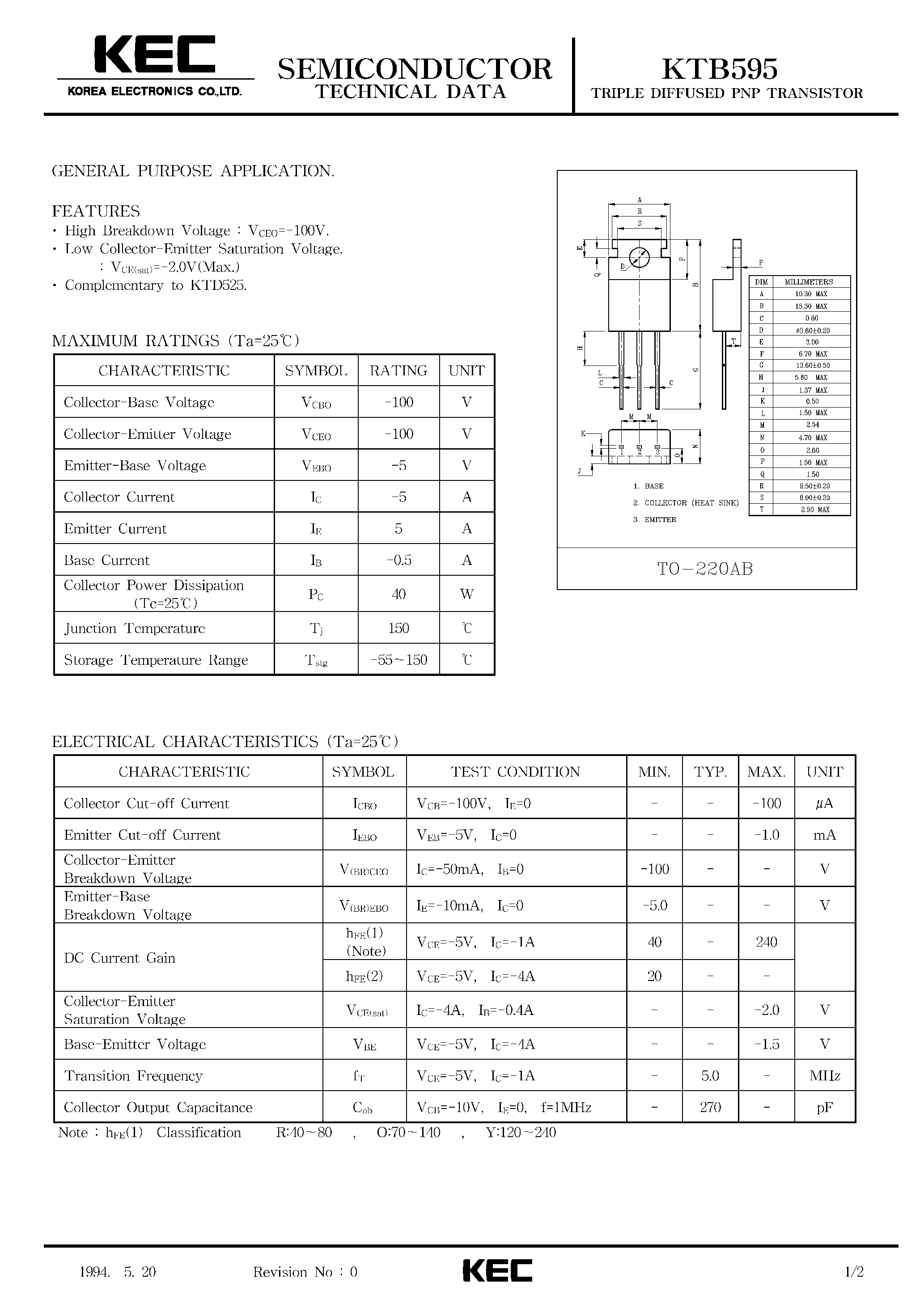 Datasheet KTB595 - TRIPLE DIFFUSED PNP TRANSISTOR(GENERAL PURPOSE) page 1