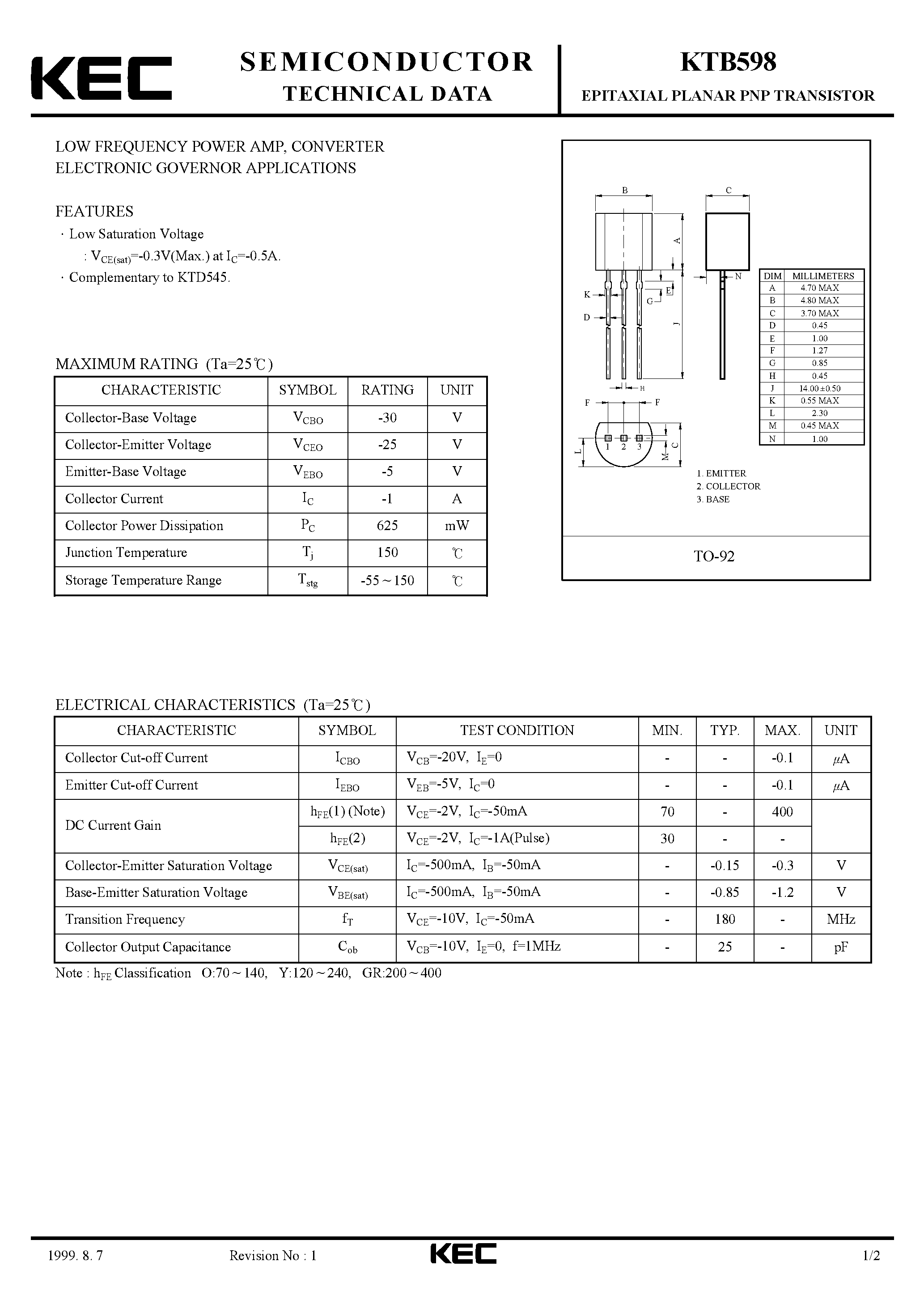 Datasheet KTB598 - EPITAXIAL PLANAR PNP TRANSISTOR (LOW FREQUENCY POWER AMP/ CONVERTER ELECTRONIC GOVERNOR) page 1