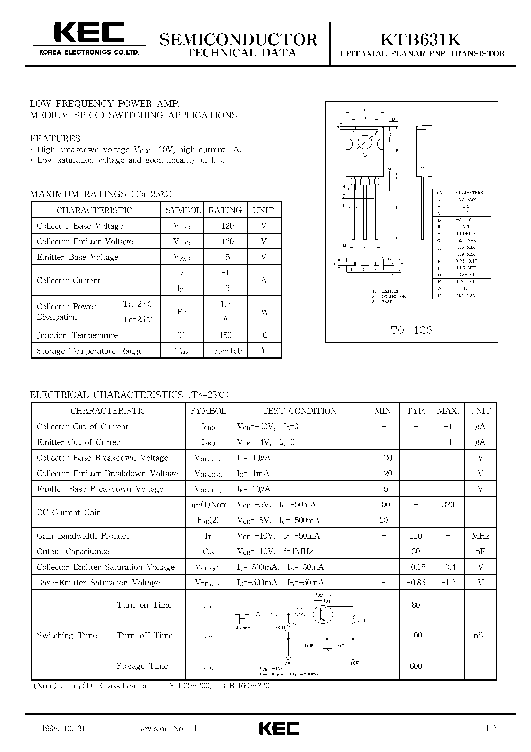 Даташит KTB631 - EPITAXIAL PLANAR PNP TRANSISTOR (LOW FREQUENCY POWER AMP/ MEDIUM SPEED SWITCHING) страница 1