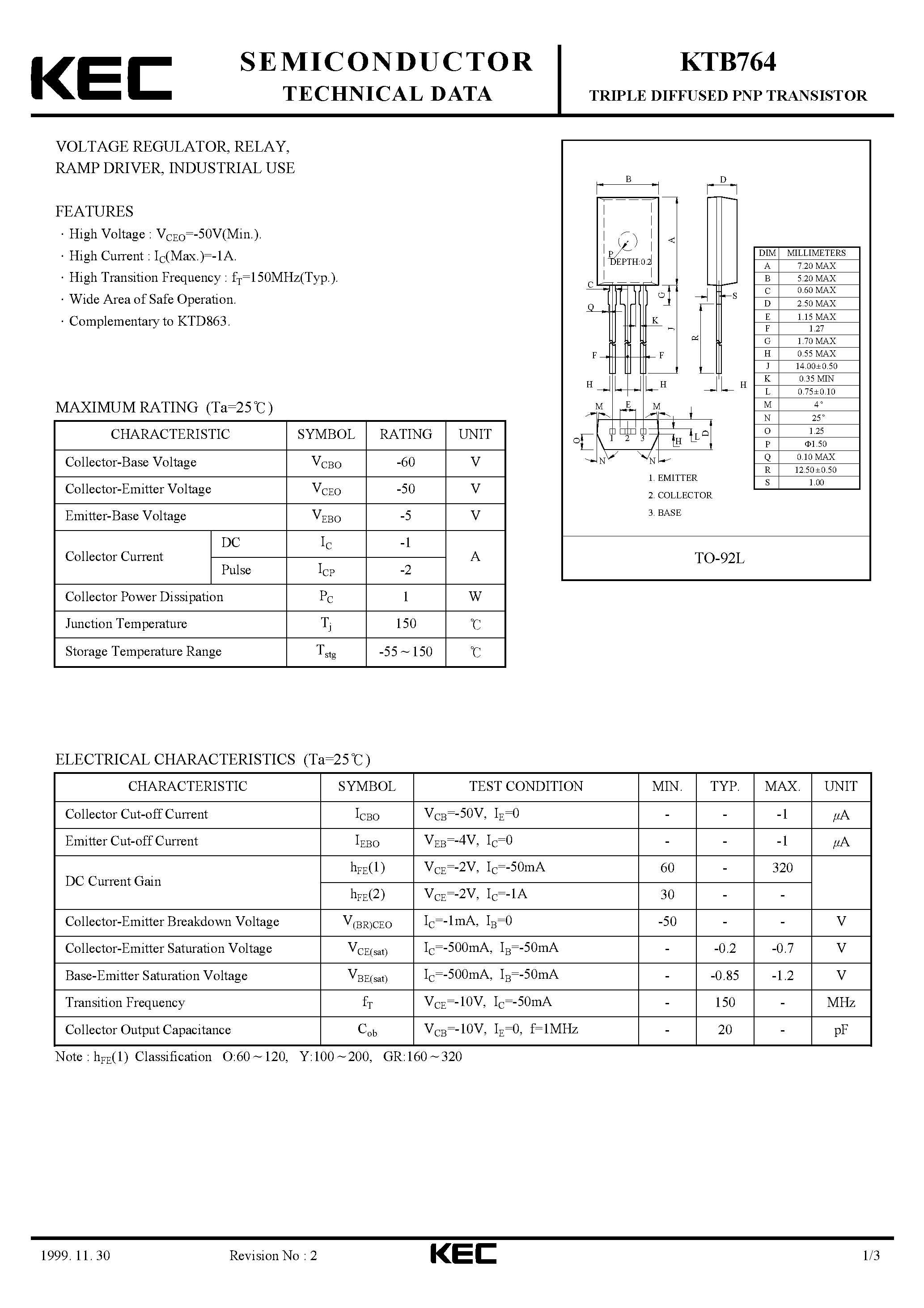 Datasheet KTB764 - TRIPLE DIFFUSED PNP TRANSISTOR(VOLTAGE REGULATOR/ RELAY/ RAMP DRIVER/ INDUSTRIAL USE) page 1