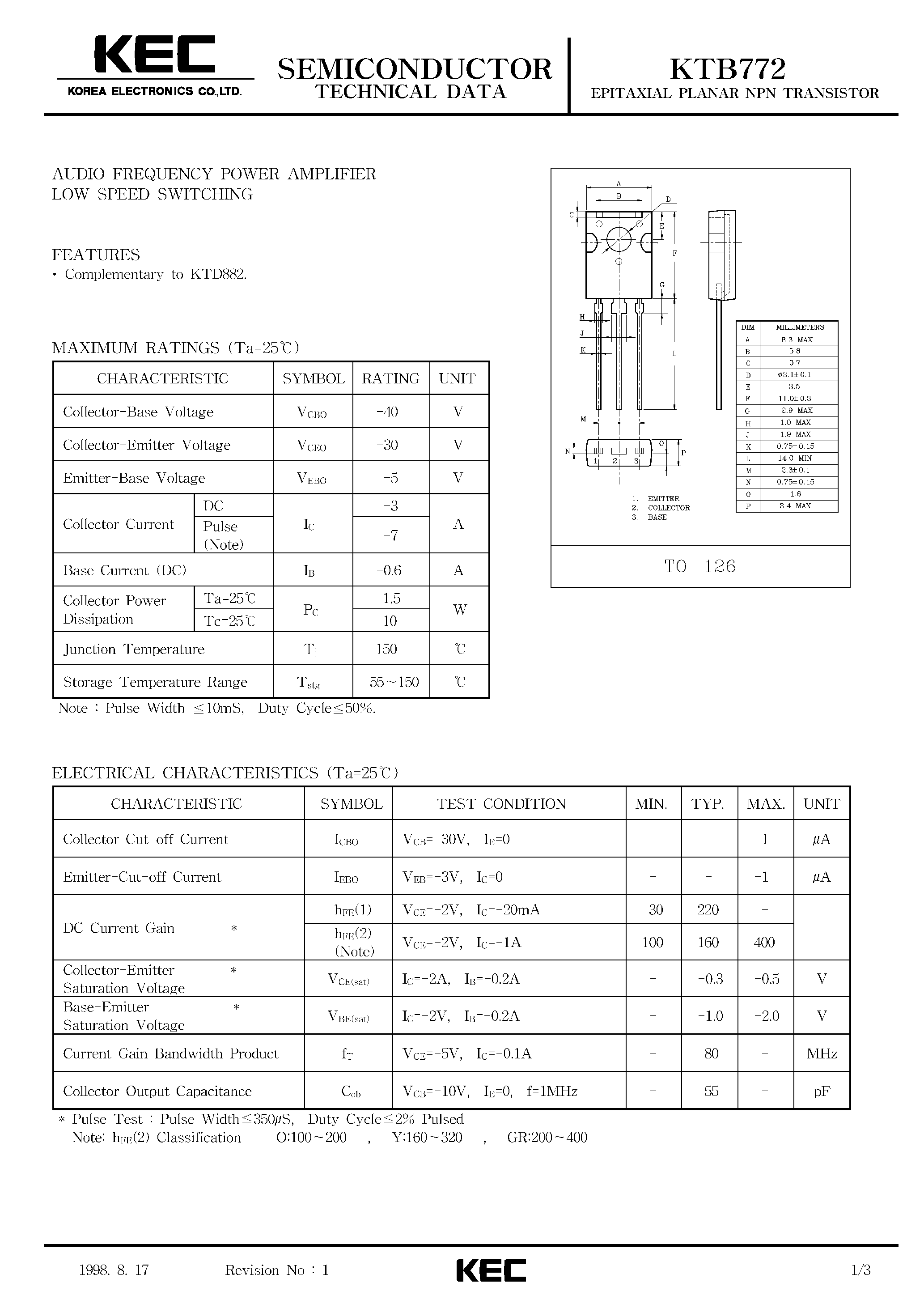 Datasheet KTB772 - EPITAXIAL PLANAR NPN TRANSISTOR (AUDIO FREQUENCY POWER AMPLIFIER LOW SPEED SWITCHING) page 1