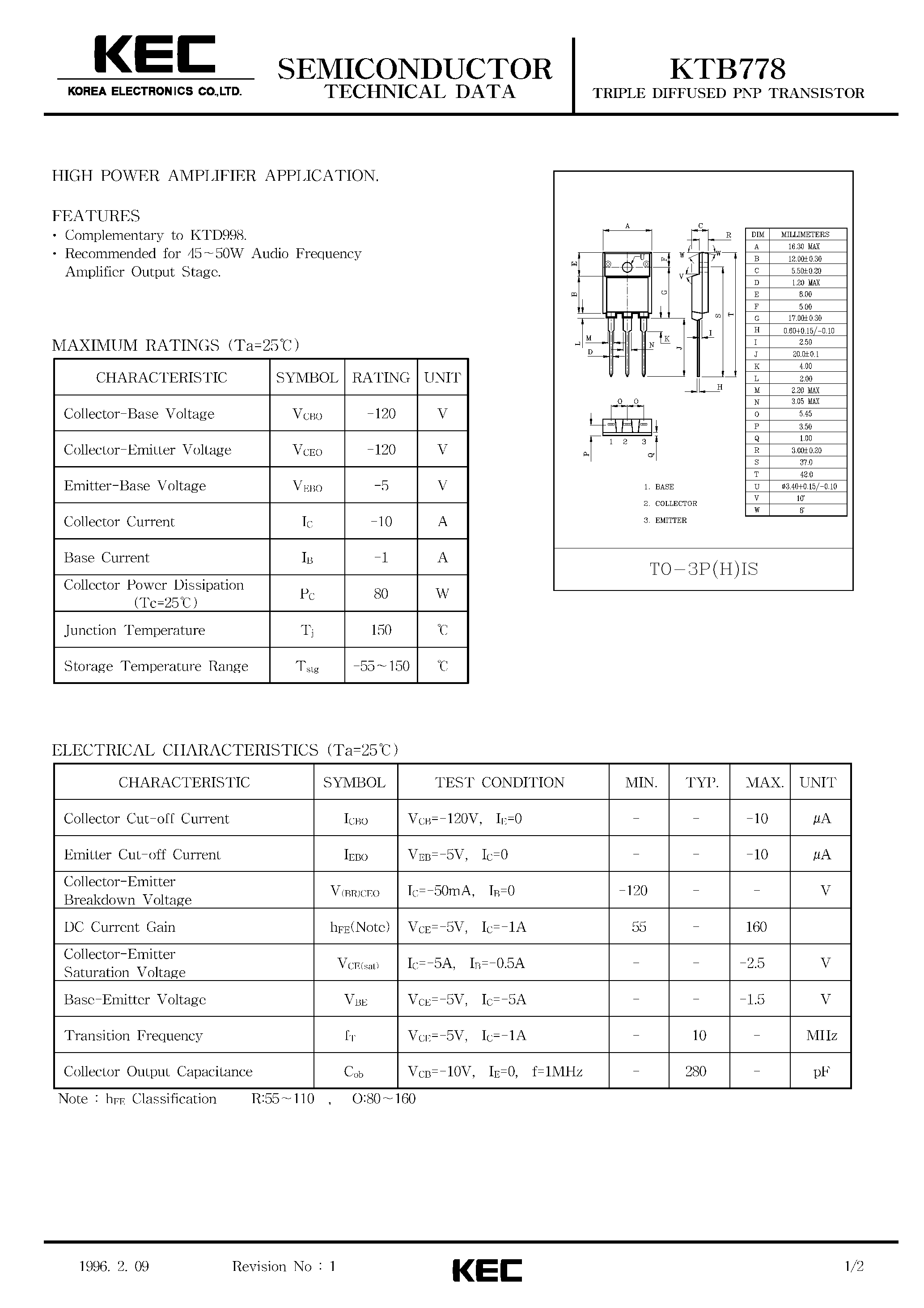 Даташит KTB778 - TRIPLE DIFFUSED PNP TRANSISTOR(HIGH POWER AMPLIFIER) страница 1
